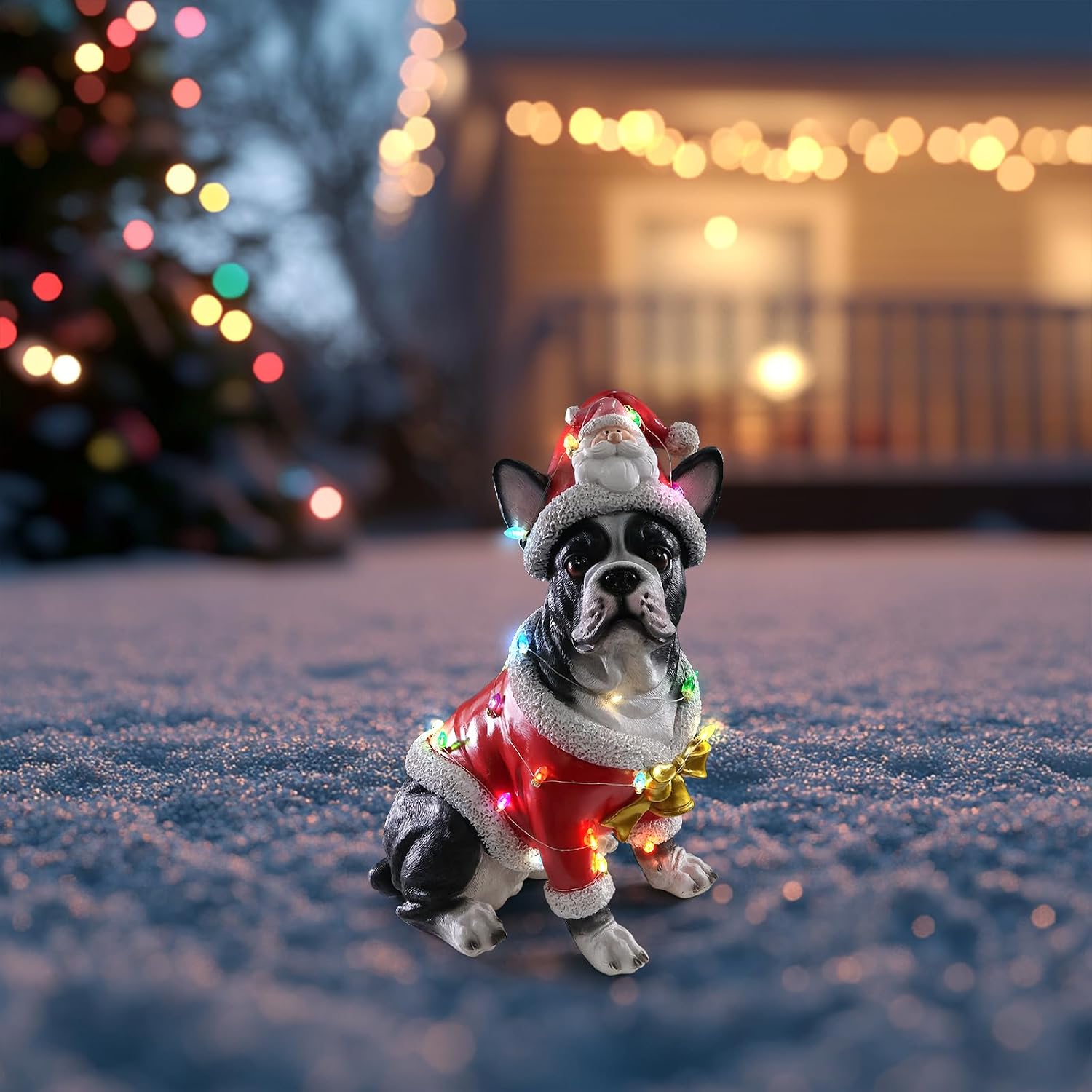 Dog Sculpture Figurine with Pink Christmas Outfit, Lighted Christmas Decoration Outdoor Dog Statue, Lights for Garden, Patio and Yard, Indoor Holiday Décor Gift for Family and Friends