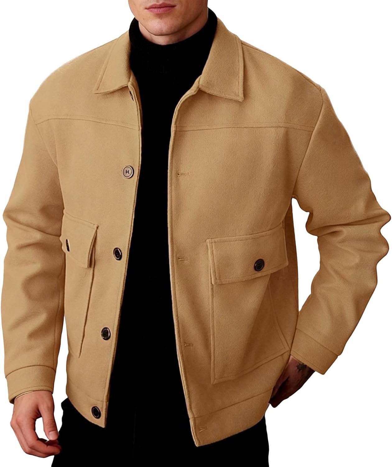 JOFOW Button Down Jacket for Men Loose Fit Lapel Collar Long Sleeve Business Work Office Casual Jackets