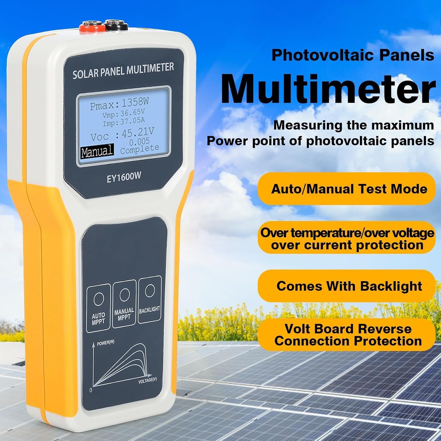 TsoLay Tester per Pannelli solari, multimetro per Pannelli fotovoltaici da 1600 W con Display LCD Ultra Chiaro, rilevamento Automatico MPPT, per guasto di Tensione a Circuito Aperto