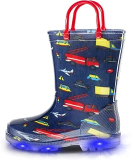 Girls Boys Wellies for Kids Flashing Welly, Light Up Glitter Waterproof Wellingtons Boots with Easy on Handle Children Rainboots Size 4-13 UK Child