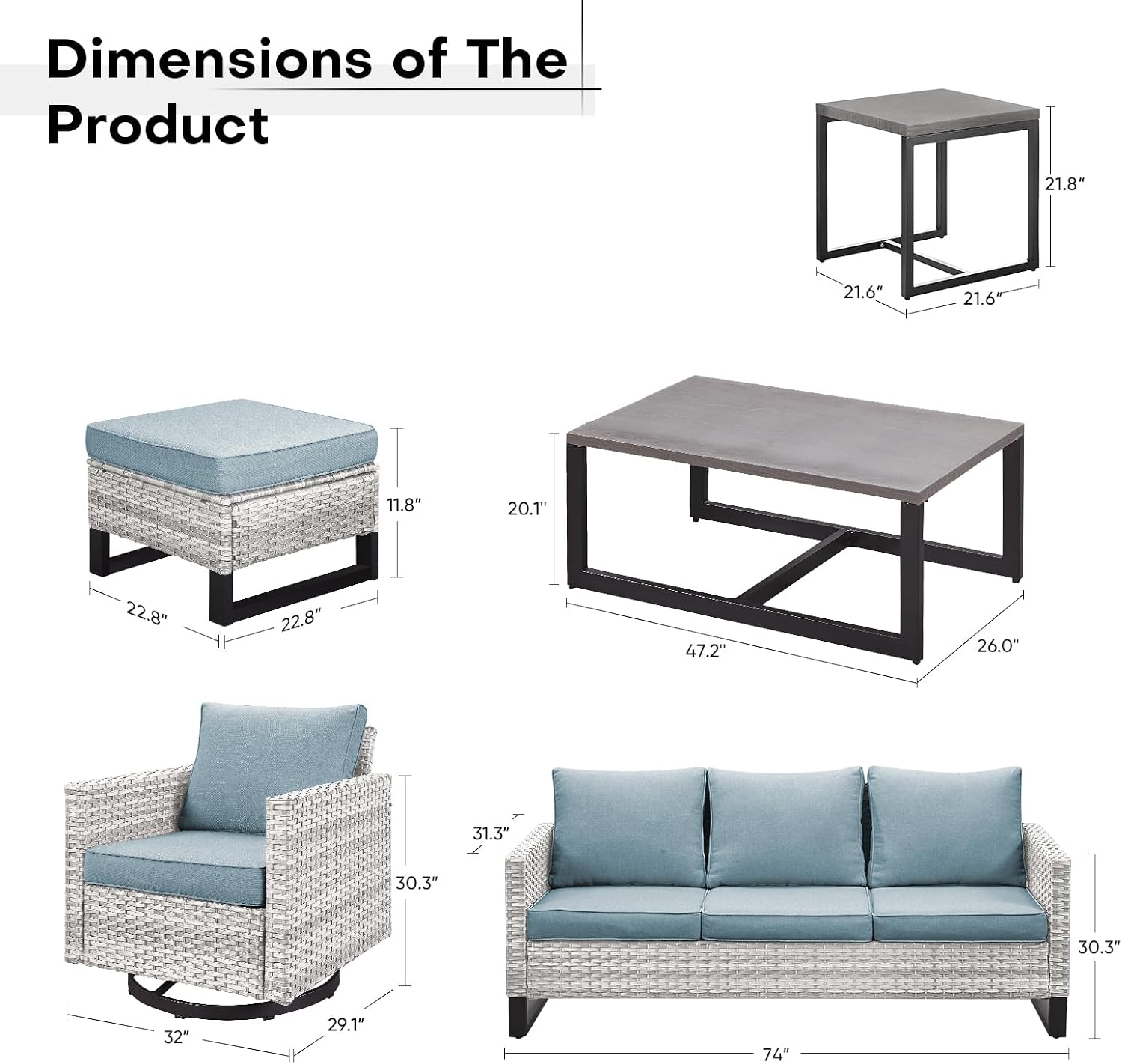 Wicker Patio Furniture Set: 7-Piece Outdoor Set with 2 Swivel Chairs, Side Table, Coffee Table, 2 Ottomans, and 1 Couch - Light Grey/Blue