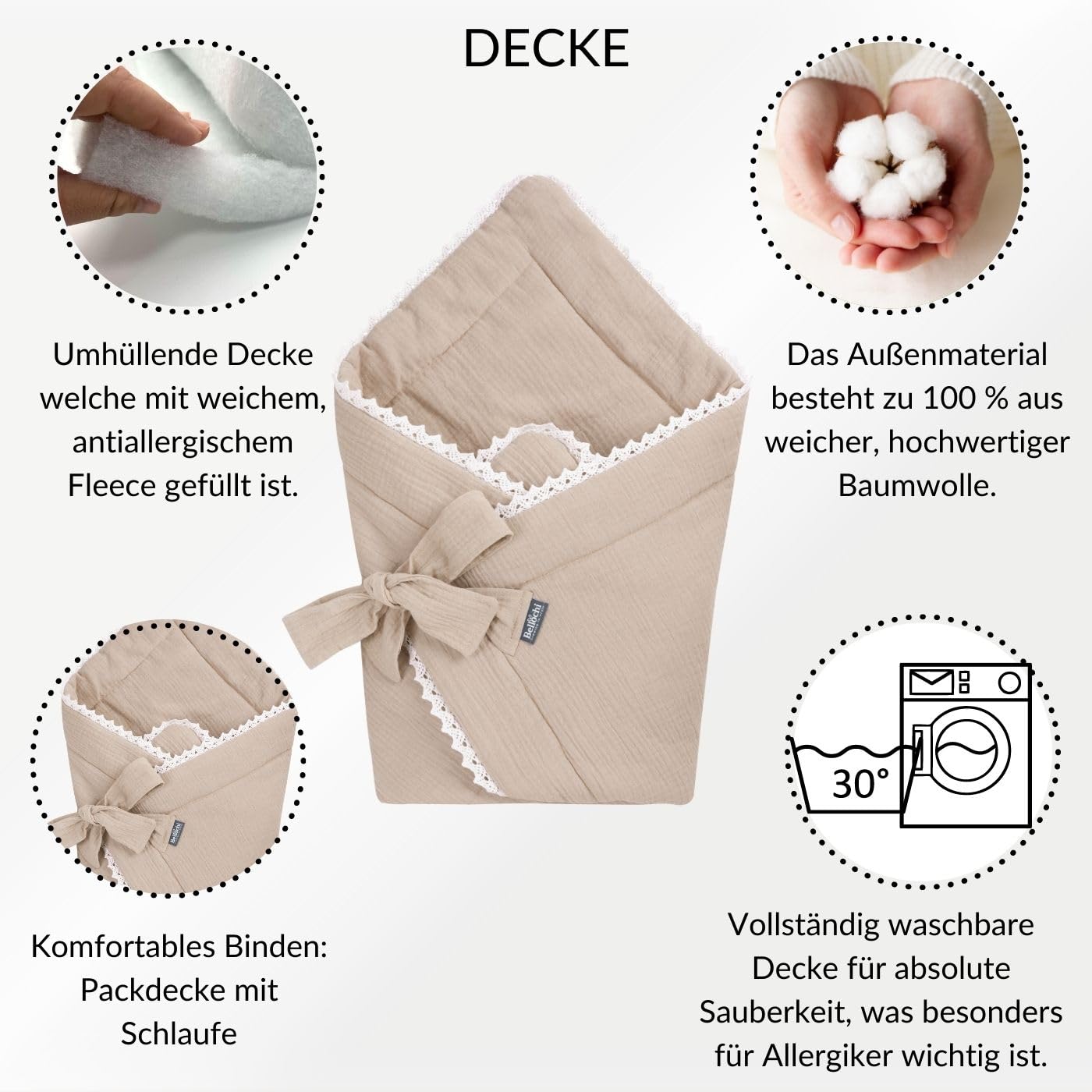 Bellochi 2in1 Baby Einschlagdecke Babyhörnchen - 75 x 75 cm - 100% Musselin Wickeldecke - für Kinderwagen, Babybett oder Kindersitz - Ganzjährig - ÖKO-TEX Zertifiziert - Beige