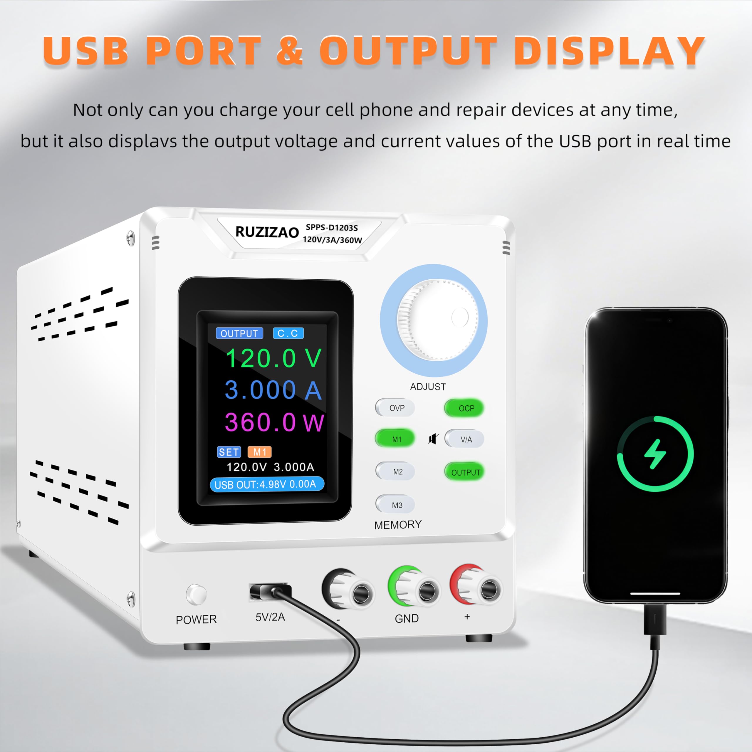 Labornetzteil 120V 3A 360W 4-stelliger TFT-Anzeige Encoder Einstellung Labornetzgerät Ausgangsschalter/Ladeerkennung Labor DC-Stromversorgungen mit OCP/OVP/Memory/Output-Taste