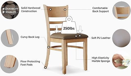 Miniatura 10 de Livinia Juego de 2 sillas de comedor de cabaña, roble malayo macizo tapizado de piel sintética, asiento de cojín con respaldo de escalera de madera