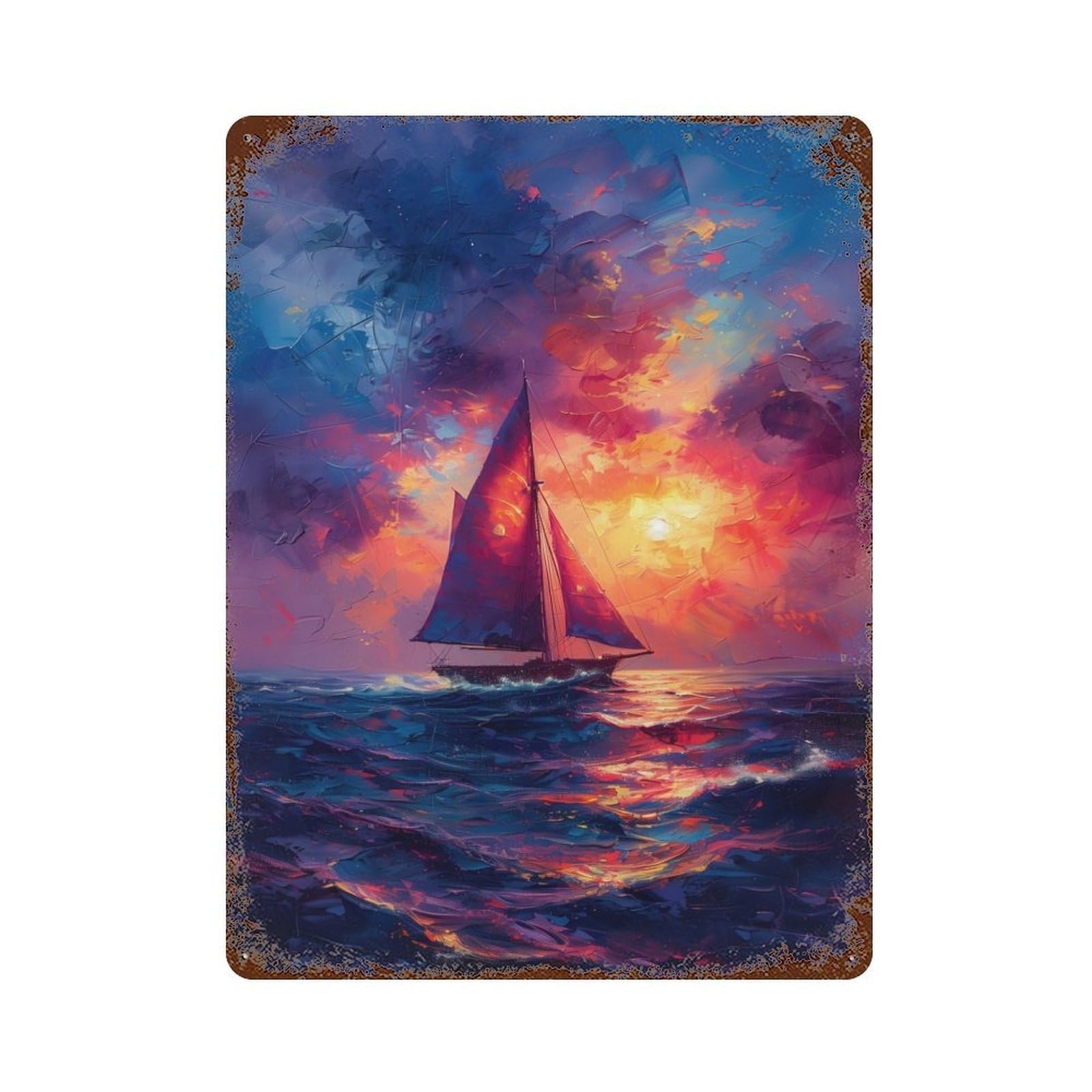 Rust Effect Sailboat Sunset Vintage Rust Metal Sign 15.7"x11.8", Vintage Wall Decor for Garage, Bar And Workshop Decor