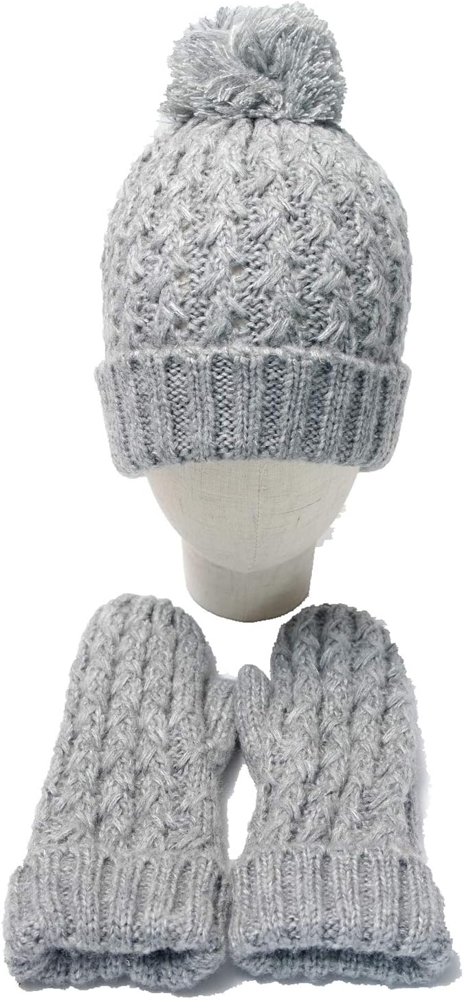HZQS Winter Womens Girls Pom Pom Knit Beanie Hat and fleece Gloves 2P Set