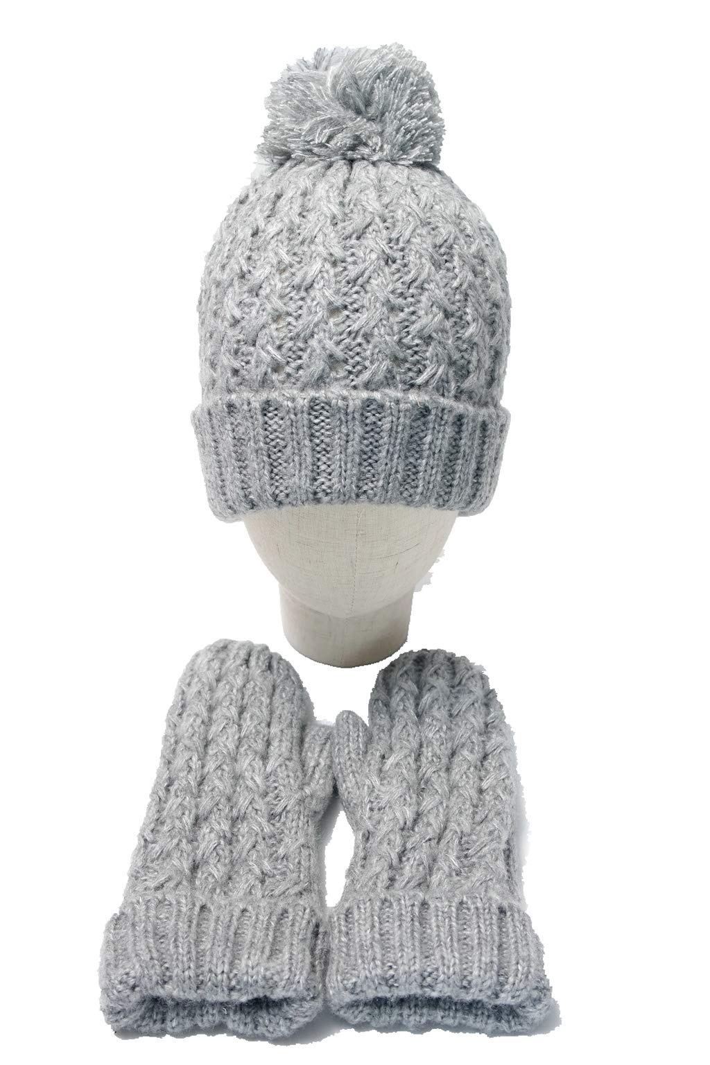 HZQS Winter Womens Girls Pom Pom Knit Beanie Hat and fleece Gloves 2P Set