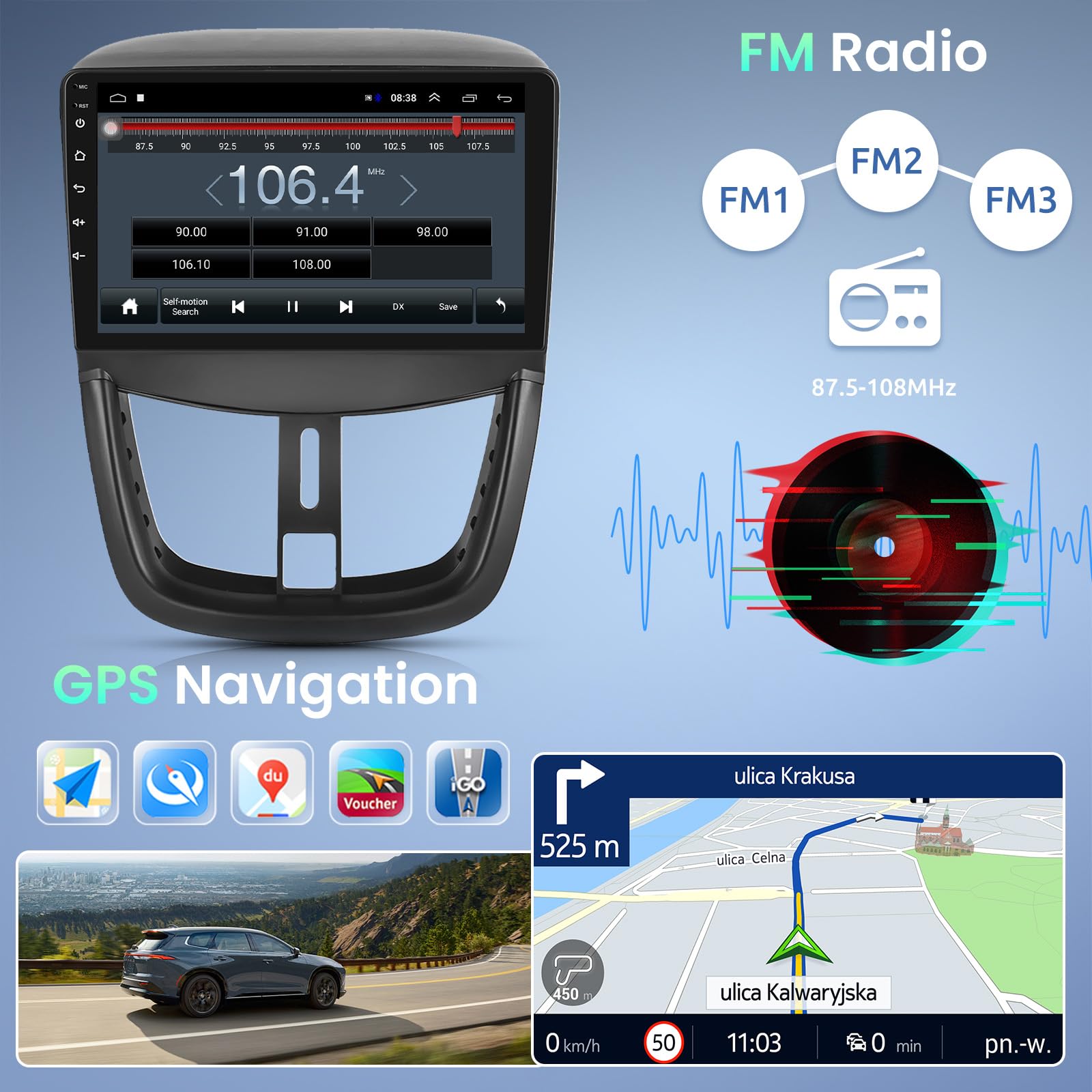 Podofo Android Autoradio GPS Peugeot 207 2006-2015 - 9 Pouces Tactile WiFi Bluetooth Caméra Arrière