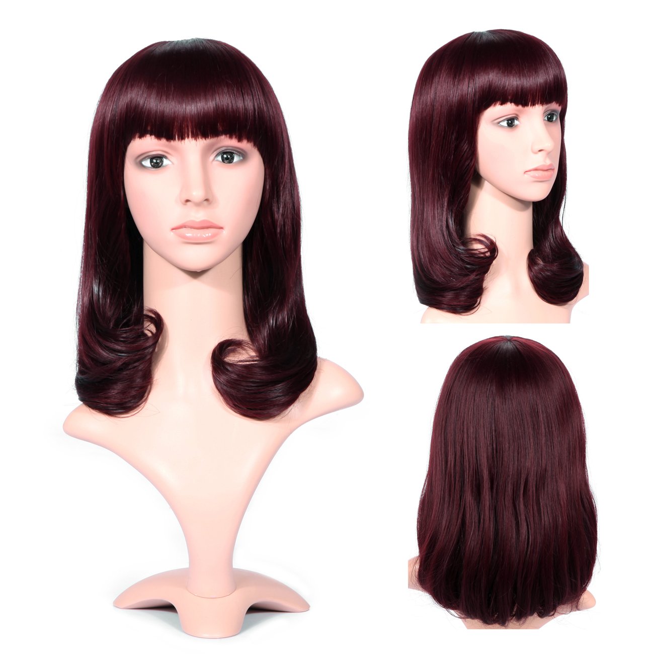 Dreamlover Medium Length Wigs, Full Bangs Bottom Curly Claret Red Women's Wig with Wig Cap