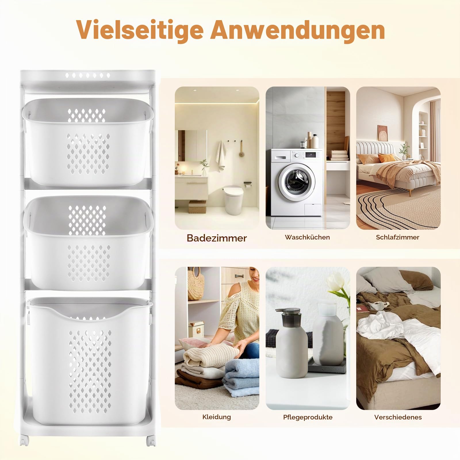 Wäschekorb mit Rollen, Wäschekorb 3 Fächer, Wäschekorbwagen mehrstöckig, Wäschesammler, Aufbewahrungskörbe, Wäschebehälter für Kleidung und Spielzeug