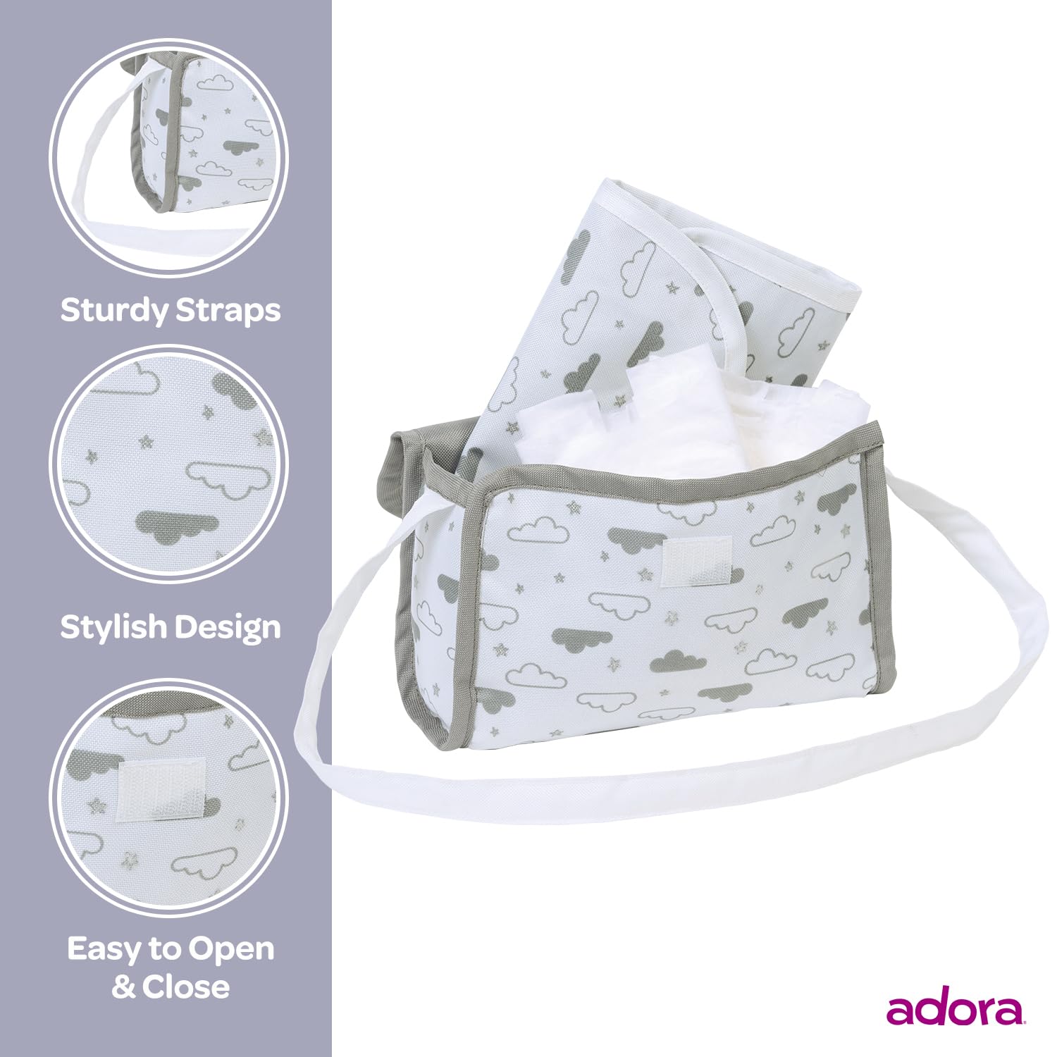 ADORA Bolsa de pañales para muñecas con correas resistentes, incluye cambiador y 2 pañales para muñecas (se adapta a muñecas de 13 pulgadas), regalo de cumpleaños para mayores de 3 años, estrellas