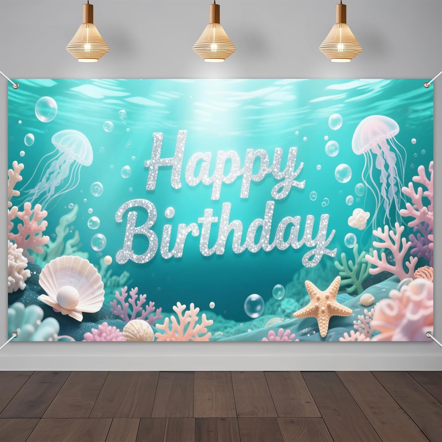 IVN Happy Birthday Decorations Banner 71x43 Inch Backdrop Glitter Jellyfish Coral and Shell Ocean Background Poster for Men Women Kids