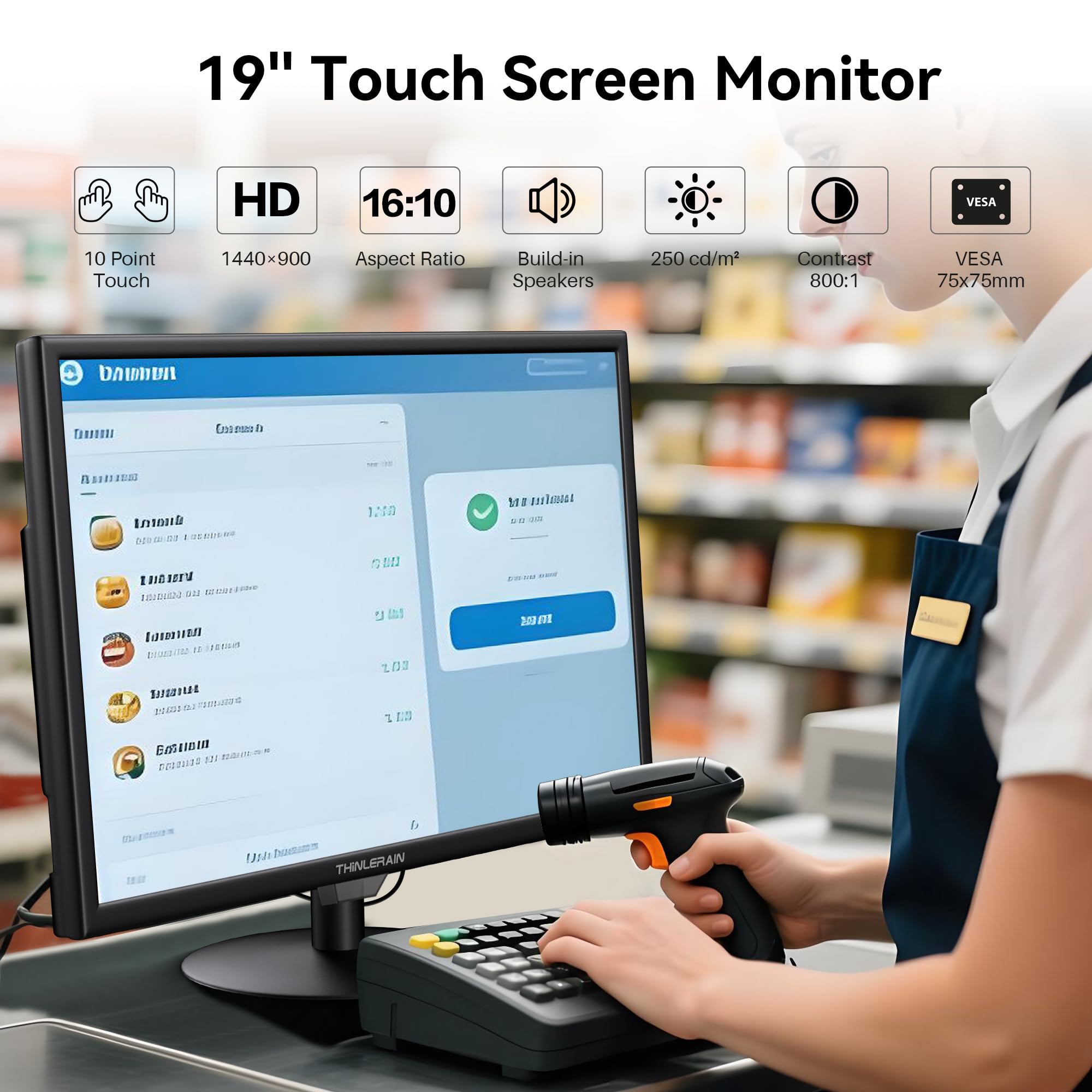 19 Zoll Touchscreen Monitor – 10-Punkt Multitouch, 1440x900 HD Bildschirm Display, HDMI VGA AV BNC USB, VESA, integrierte Lautsprecher – Computer Monitor für POS, Büro, Industrie