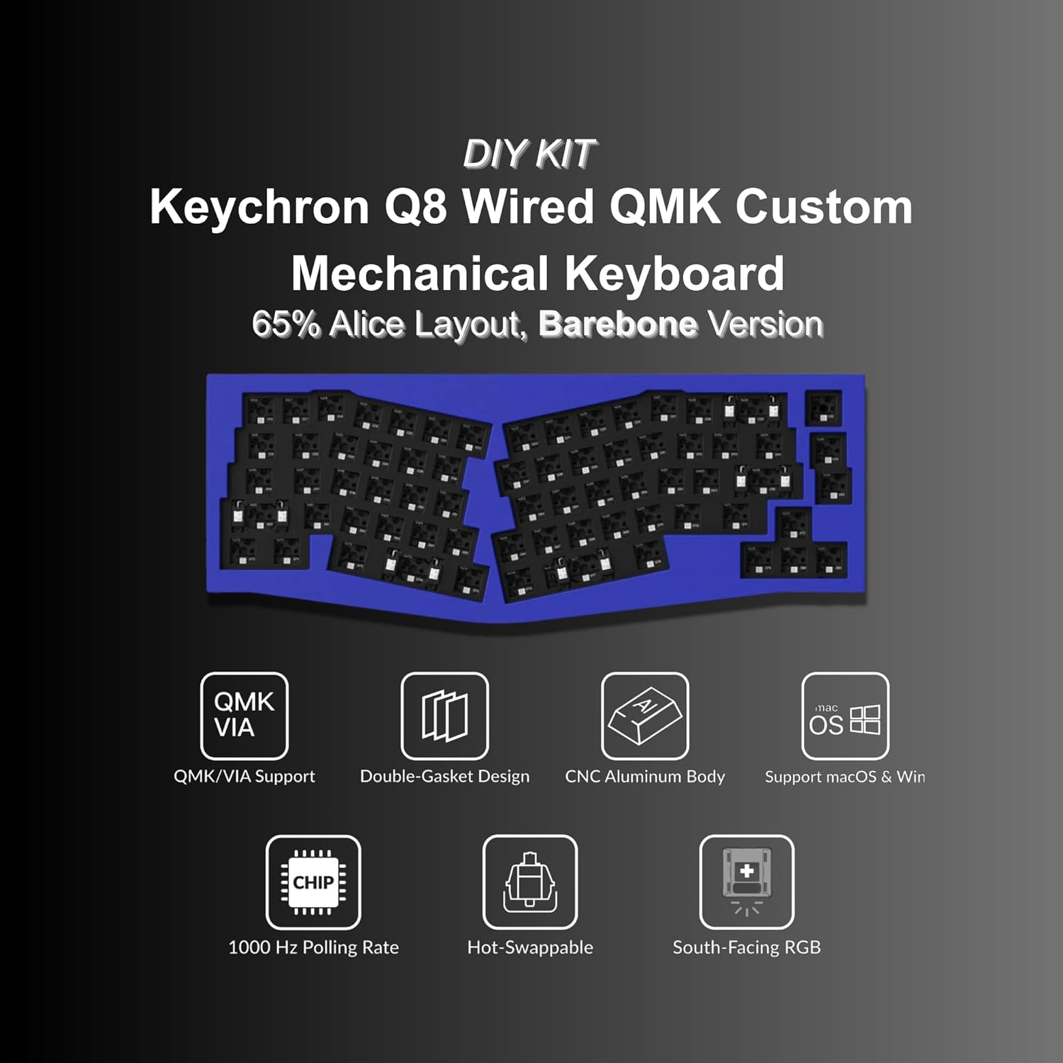 Keychron Q8 65% Alice Layout Barebone Mechanical Keyboard – Full Metal, Wired, Hot-Swappable, QMK Programmable Macros, Mac/Windows/Linux Compatible, RGB, Double-Gasket DIY Kit – Blue