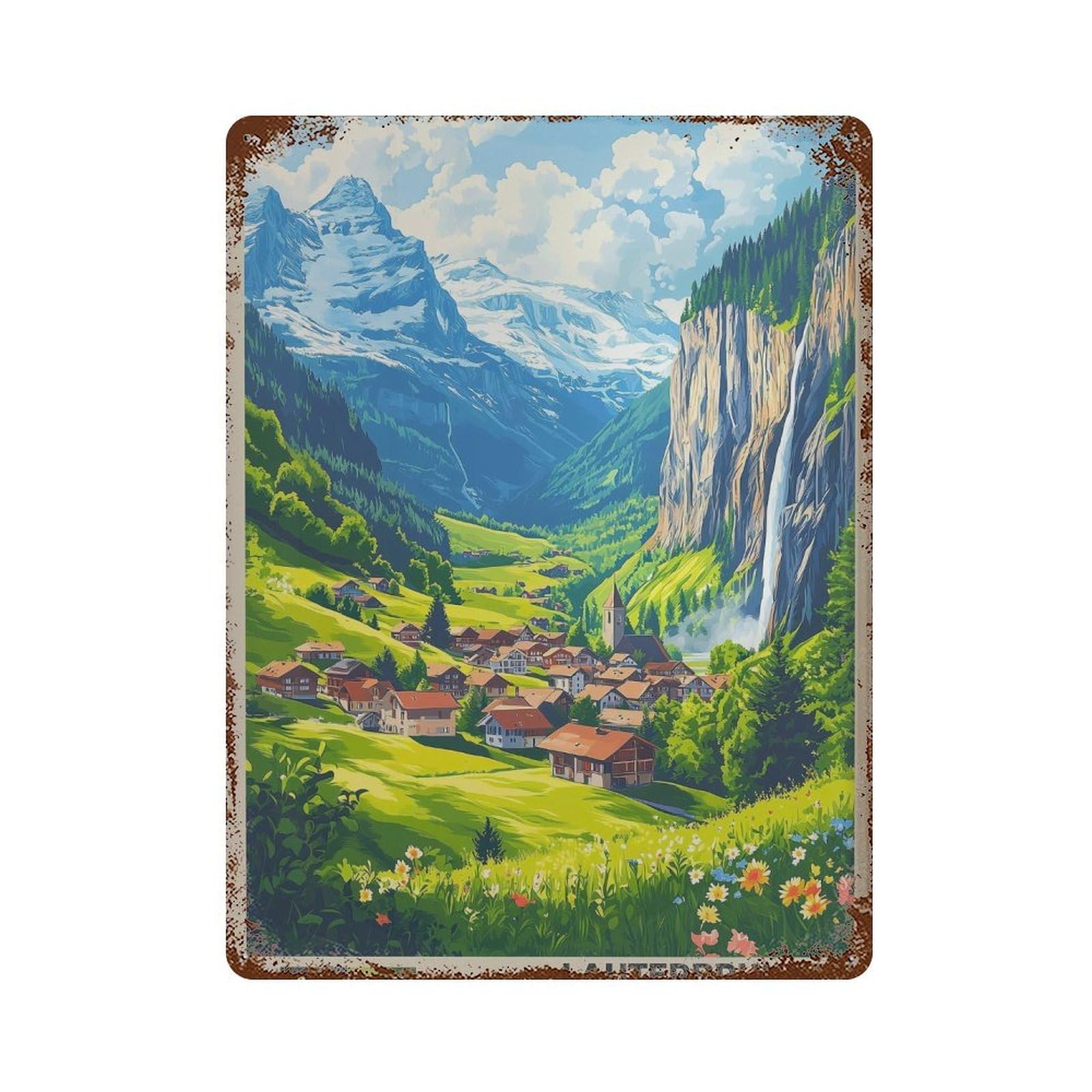 xiaoxiaoshen Lauterbrunnen Switzerland Travel Mountain Wall Decor Art Metal Tin Poster Modern Home Decor Art Home Bar Shop Decorations Vintage Sign 40x30cm