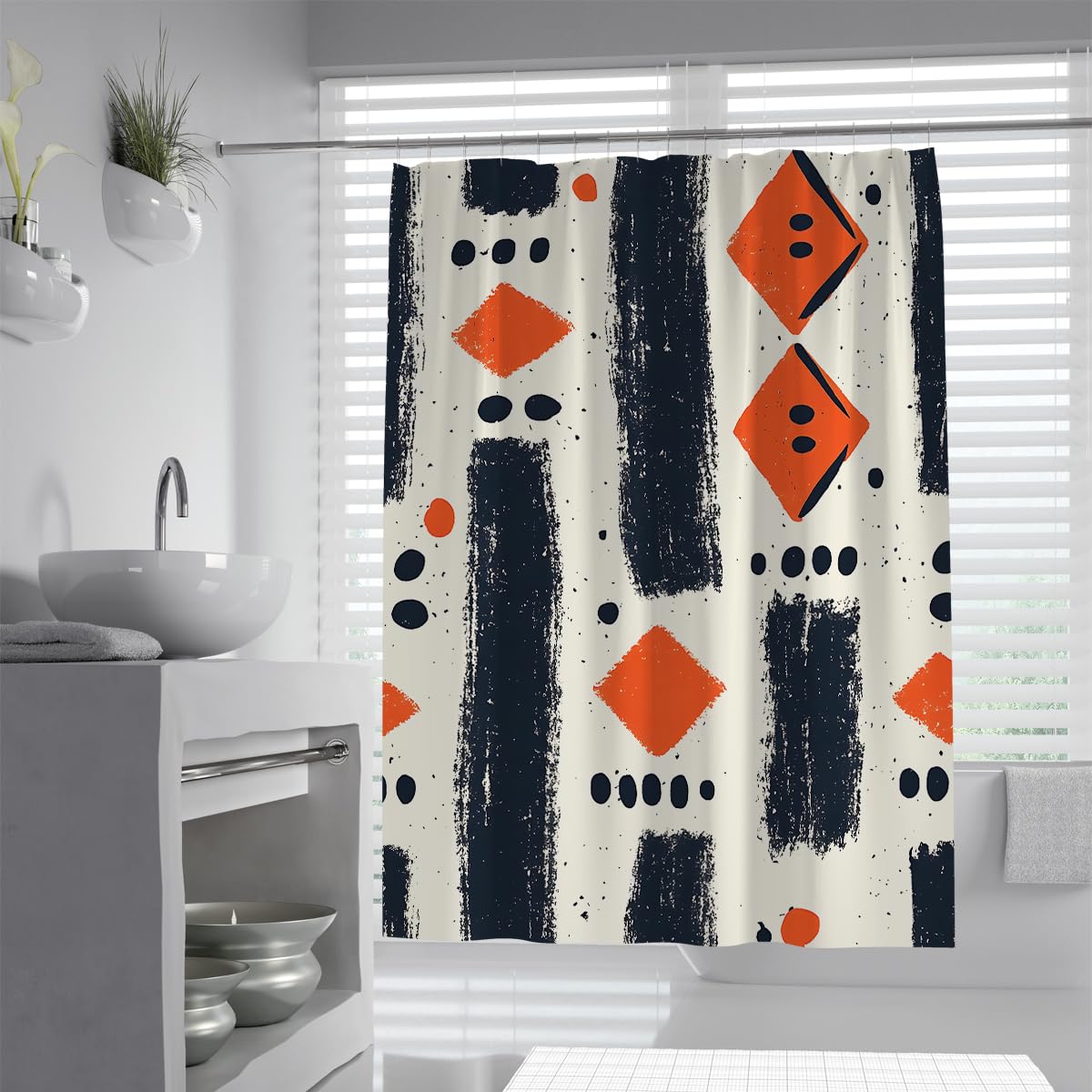 UERWOWELL Boho Mid Century Shower Curtain for Bathroom Geometric Aztec Tribal Brush Stroke Fabric Bath Curtains Minimalist Bathroom Decor Waterproof W90xL180 cm