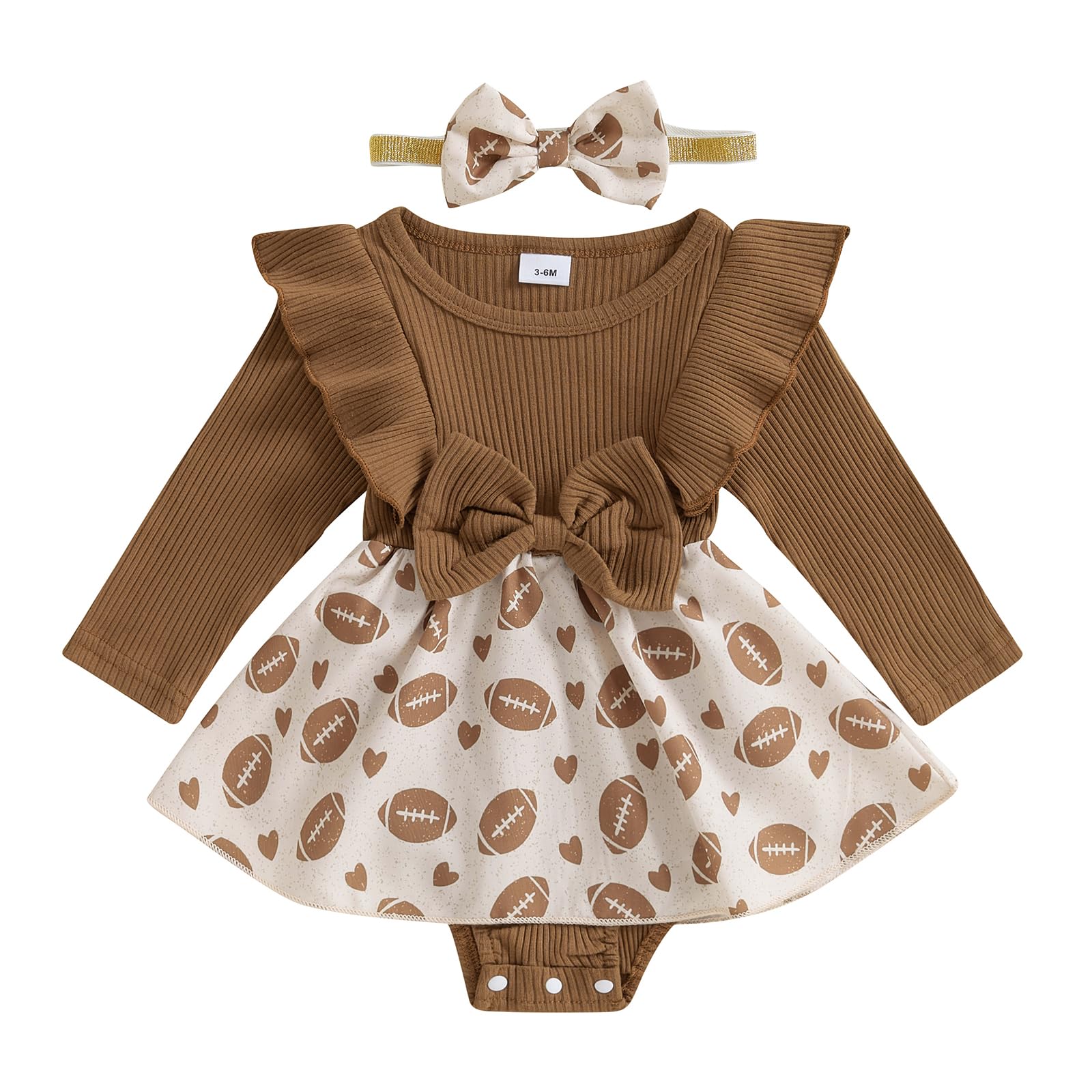 BULINGNA Infant Baby Girl Football Romper Dress Ruffle Sleeve Knit Ribbed Bowknot Romper Football Skirt Outfit with Headband (Brown, 12-18 Months)