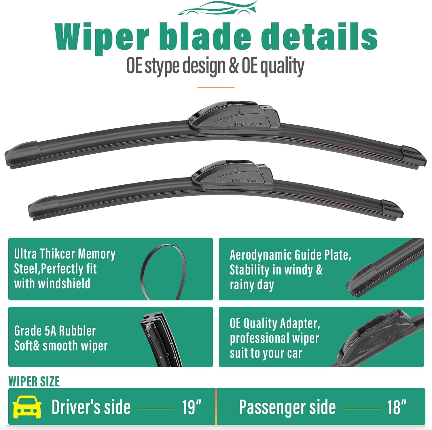 19" 18" 10" Windshield Wiper Blades Replacement for Mini Cooper R56 2007-2012,F55 F56 2014-2022,R50 R53 2005-2006 Premium All Weather Front Rear Wipers Set - OEM Quality (Pack of 3)