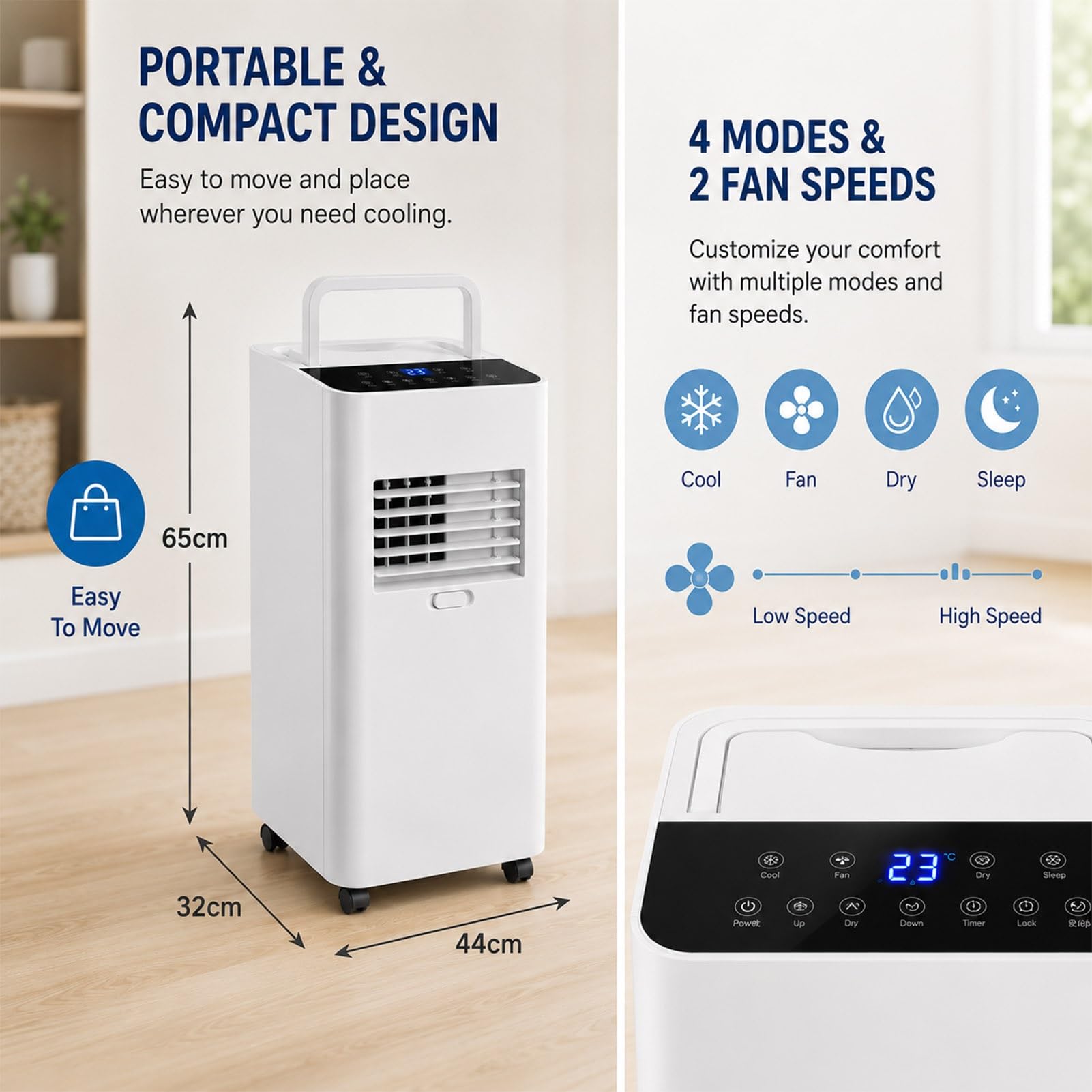 Aire Acondicionado Portatil, Refrigeración, Ventilador y Deshumidificación | Air Conditioner Silencioso con Tubo Exterior 24h Timer para Dormitorios, Oficinas y Salones, No Necesita Agregar Agua