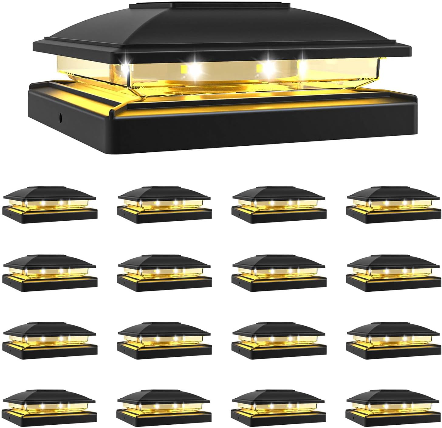 VOLISUN Solar Post Cap Light Outdoor Waterproof 16pack,Solar Fence - Post Lights for 4x4 5x5 6x6 Wooden/Vinyl Post,Black Deck Post Cap Light Solar Powered with Warm White for Garden/Patio/Porch Black 16 Pack