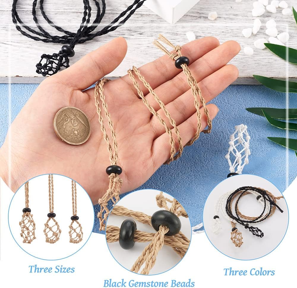 FASHEWELRY 9pcs Crystal Cage Necklace with 25/35/45mm Holder Mixed Color Adjustable Necklace Cord Empty Stone Holder Replacement Hand-woven Fish Netted Pendant Stone Holder for Yoga Meditation - Image 4