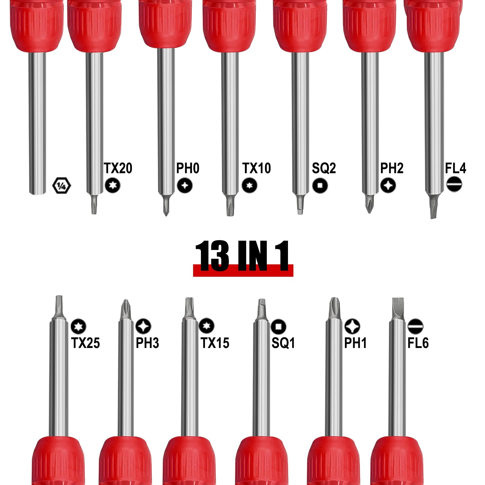Destornillador de trinquete 13 en 1 | Almacenamiento de puntas múltiples | Cartucho retráctil | Mango con agarre acolchado | Eje hexagonal de ¼ de pulgada, estrella, plana, broca cuadrada - Rojo,