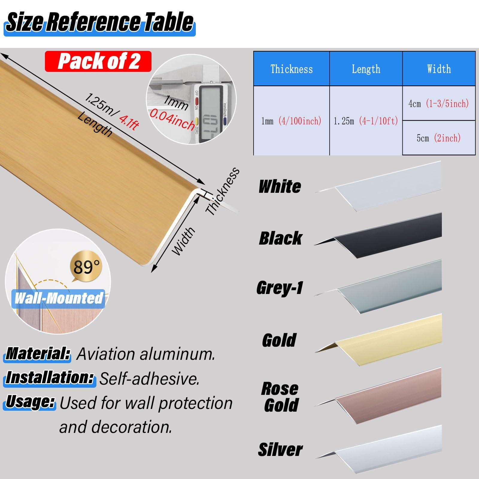 Perfil lleno plano Aluminio Esquinero De Pared De Aleación De Aluminio, Paquete De 2, Protector De Esquinas De Revestimiento Metálico Protector De Esquinas Para Casas Oficinas Escuelas Protección ( Co