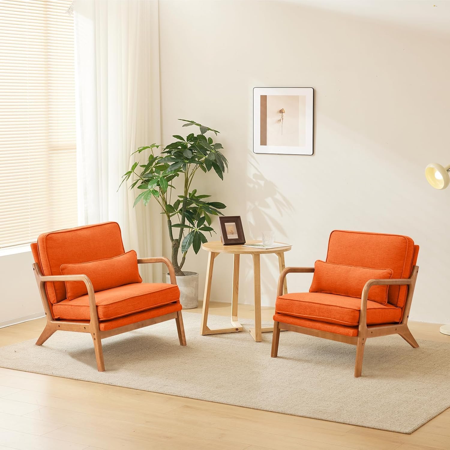 Bonnlo Accent Chair, Soild Wood Padding Lounge Armchairs Set of 2,Occasional Reading Chair with Cushions and Lumbar Pillow, Armchairs for Living Room, Bedroom, Guest Room, Fabric, Orange