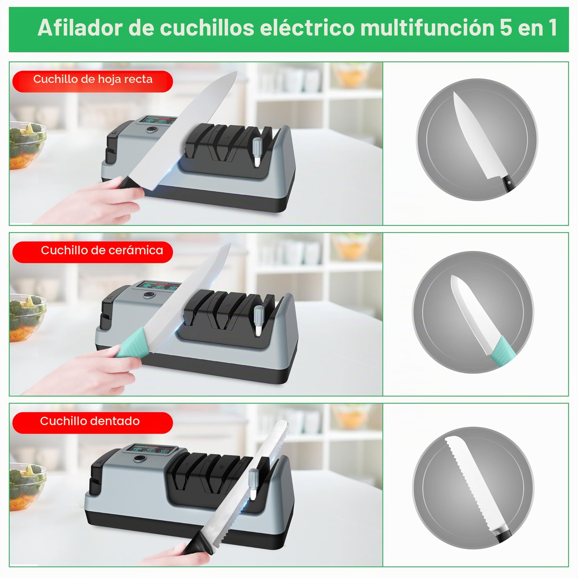 YORLEAY Afilador de cuchillos eléctrico 5 en 1, 3 velocidades de rotación, ajustable para hojas rectas, dentadas y de picar, también para tijeras