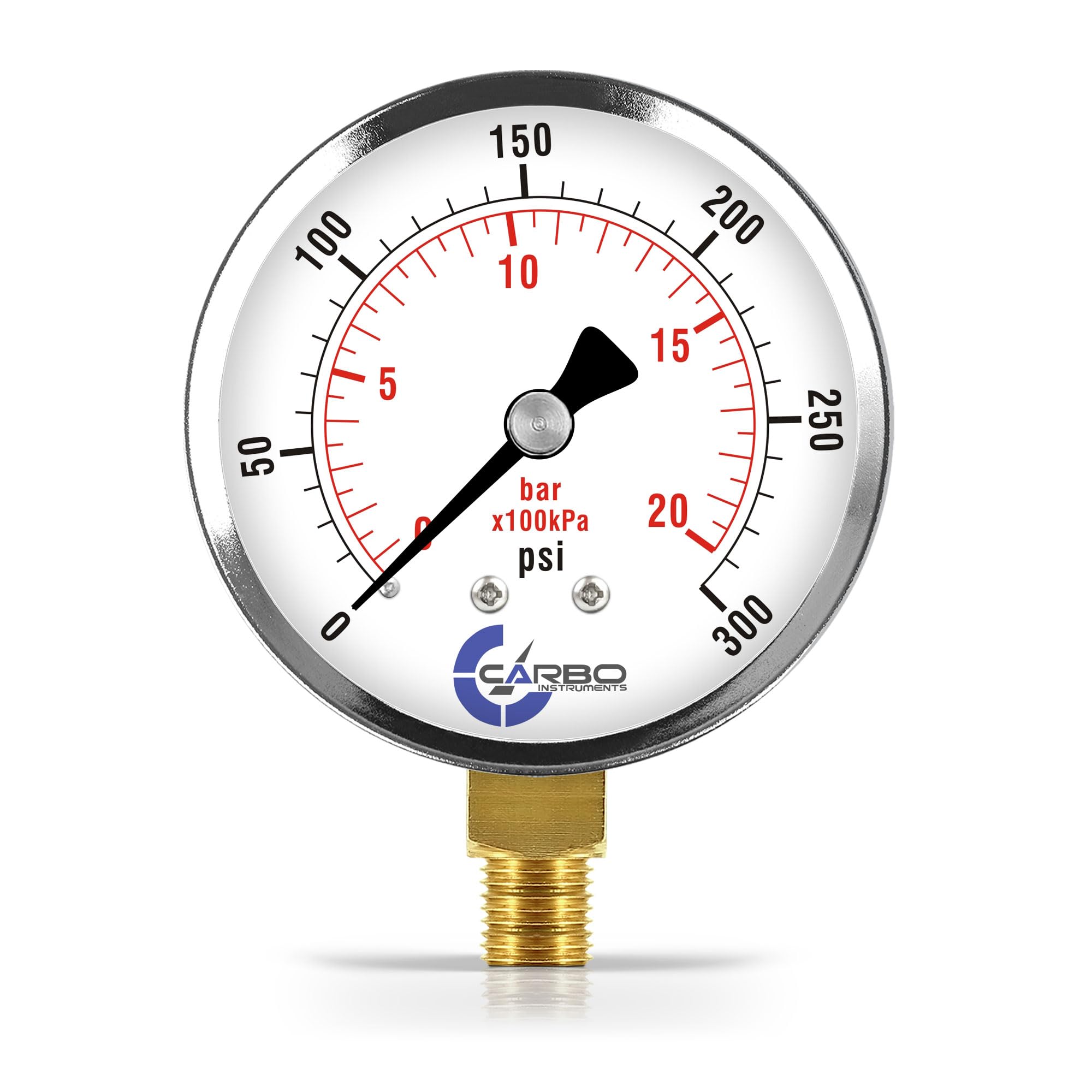 2-1/2" Pressure Gauge, Chrome Plated Steel Case, Dry, 0-300 psi/kPa, Lower Mount 1/4" NPT