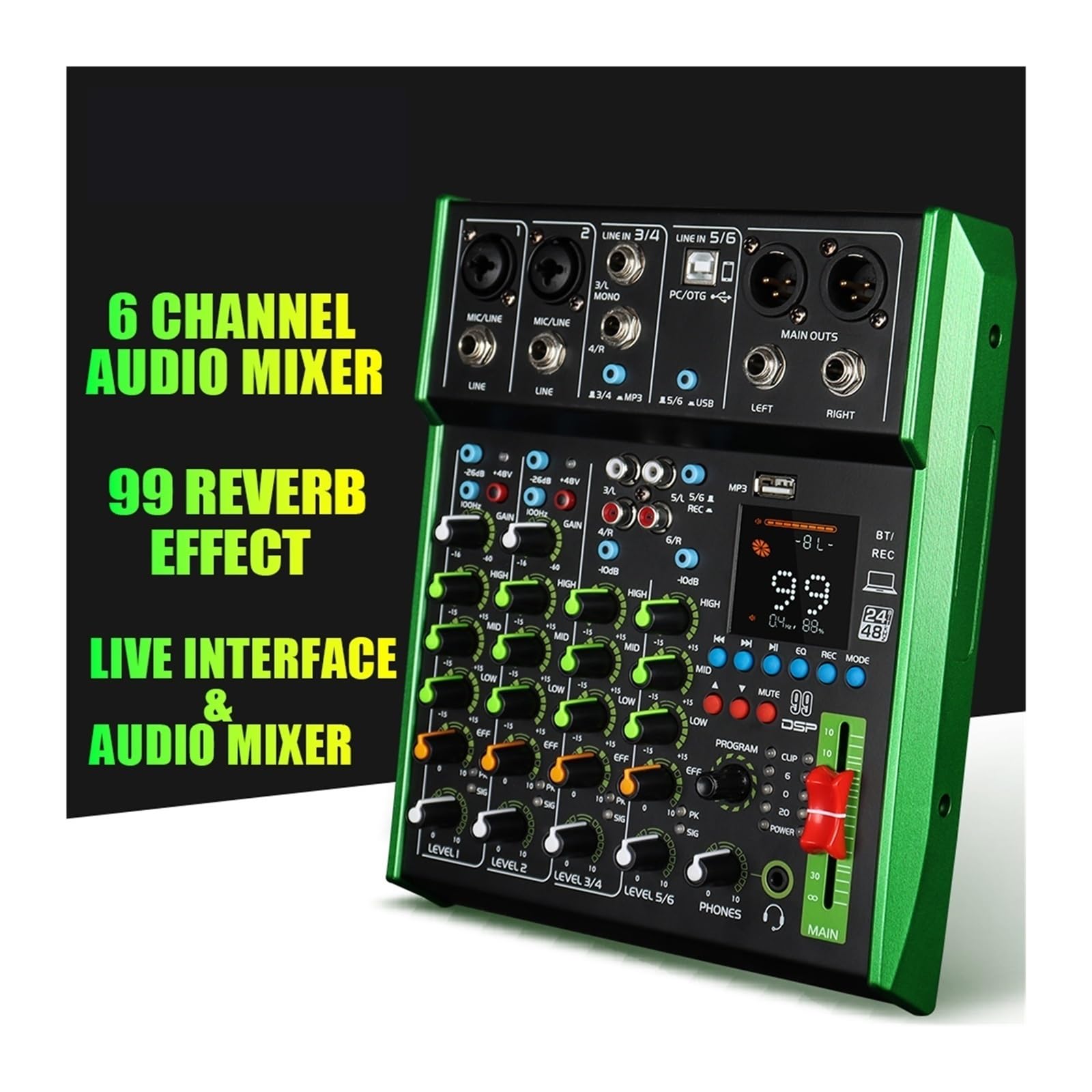 Mezclador de audio, Mezclador de 6 canales, función tarjeta grabación integrada, Bluetooth, reproducción USB, ecualizador 3 etapas, 99 efectos mezcla, consola mezcladora