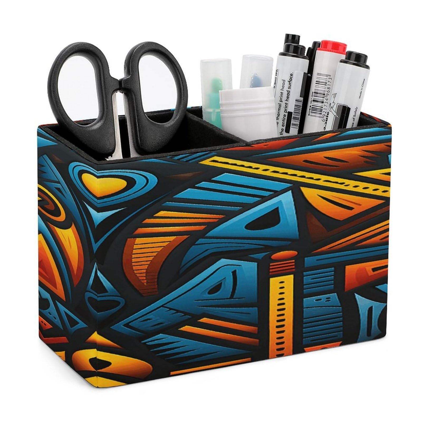 VstaDank African Style Textile Pattern Pen Holder Double Compartments Pen Cup Fashion Makeup Brush Holders Leather Pencil Holder for Work Locker Accessories Modern Pencil Cup for Desk Organizer