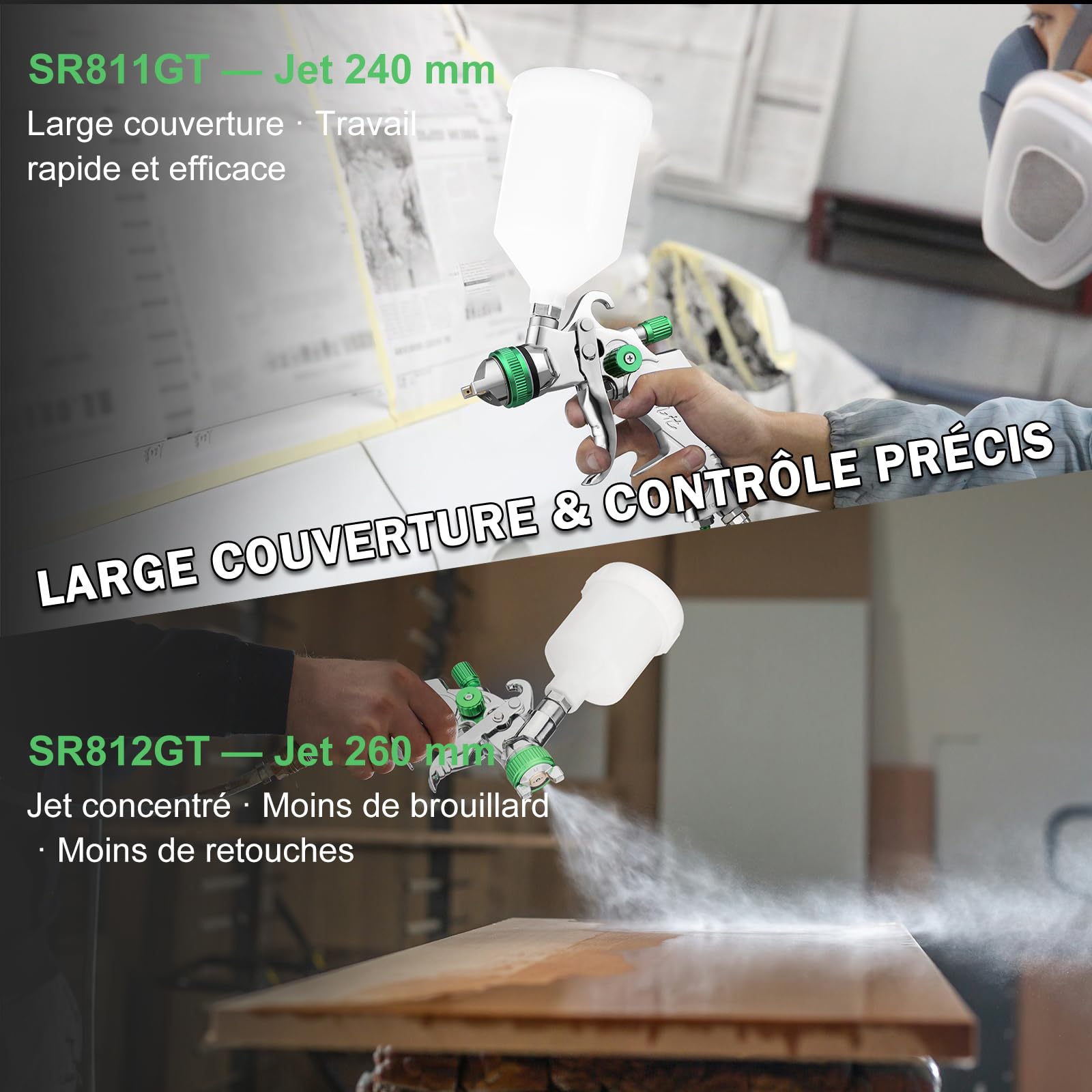 2 HVLP Pistolets de Peinture à Air Pistolets Automatiques de 1,0 mm Et 1,4/1,7 mm avec RéGulateur d'air, Pistolets de Peinture Automobile de Qualité Professionnelle pour La Peinture de Voiture
