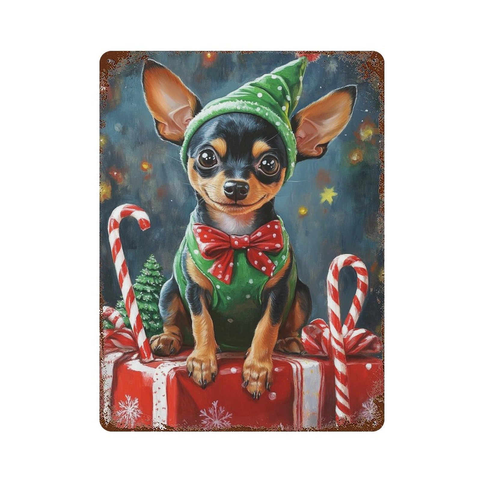 Retro Metal Sign Christmas Chihuahua with Presents 15.7"x11.8", Decorative Metal Wall Art for Pub, Kitchen And Man Cave Decor