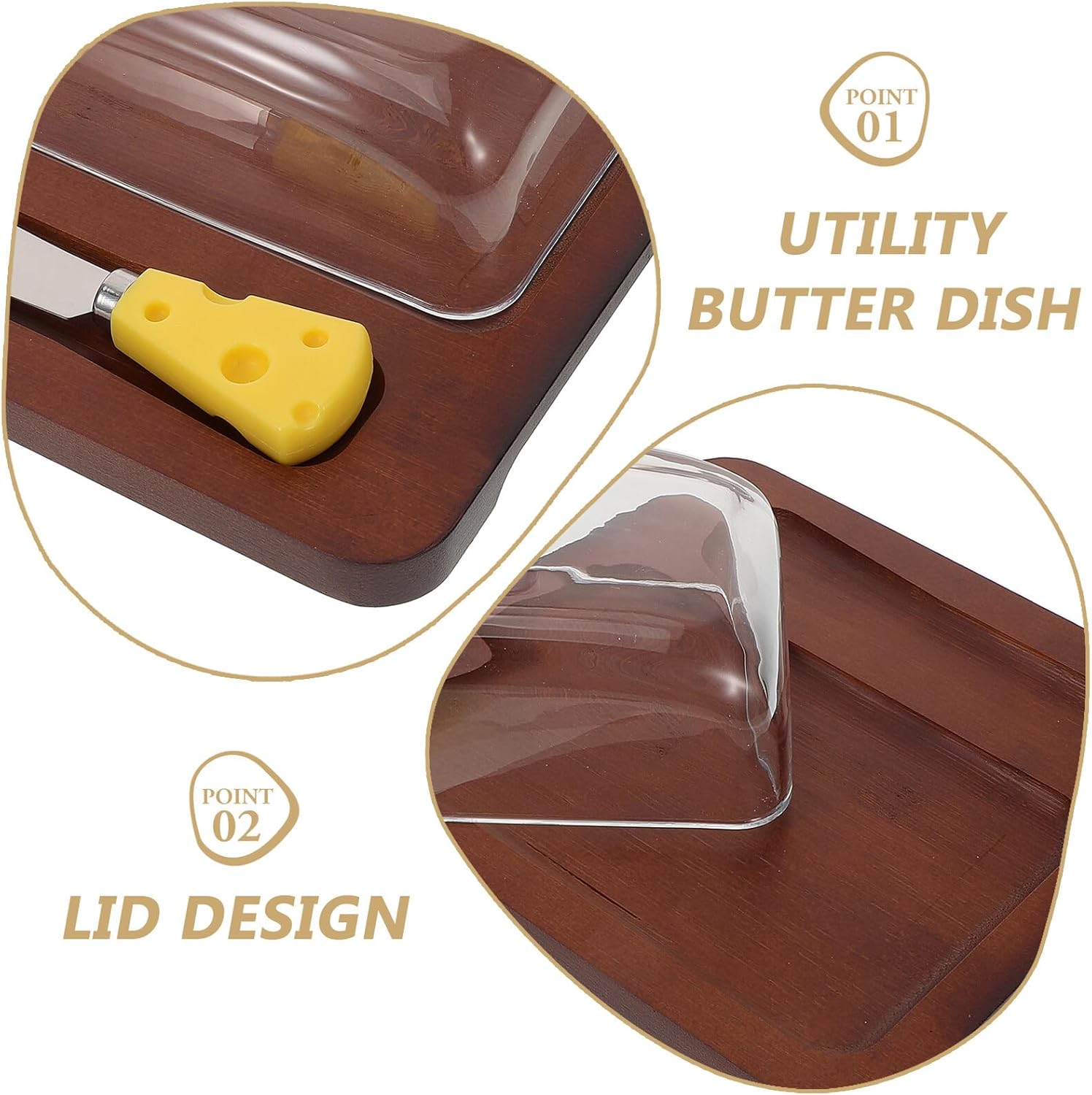 Butter Dish with Dome Lid and Wood Tray Sealed Butter Container for Refrigerator Food Preservation Box with Cutter Freshness Keeper for Kitchen and Restaurant Use