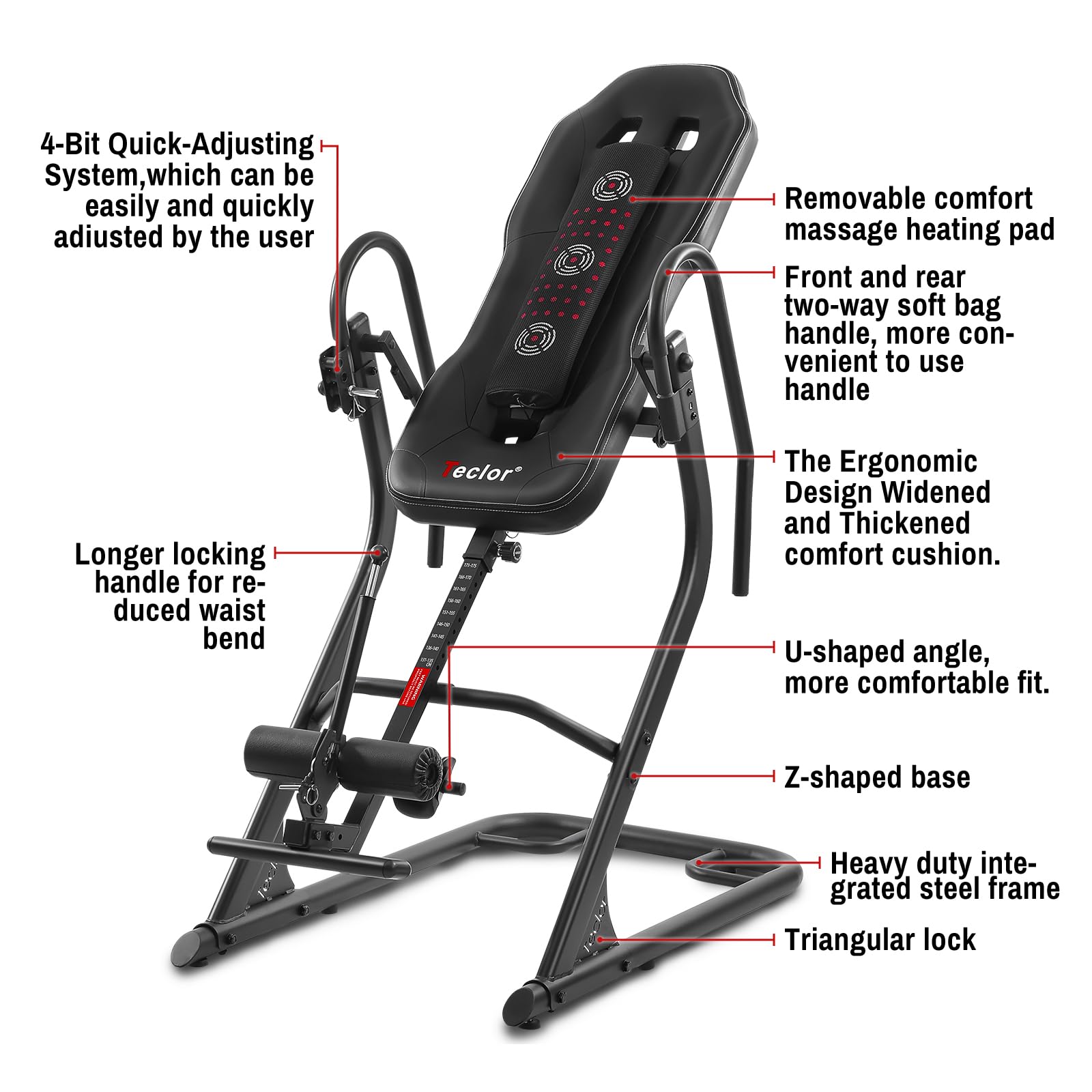 Teclor Advanced Heat and Massage Strength Training Inversion Table for Back Pain Relief,Heavy Duty Inversion Table 350 lbs Capacity with Thickened 3D Memory Foam backrest,Black
