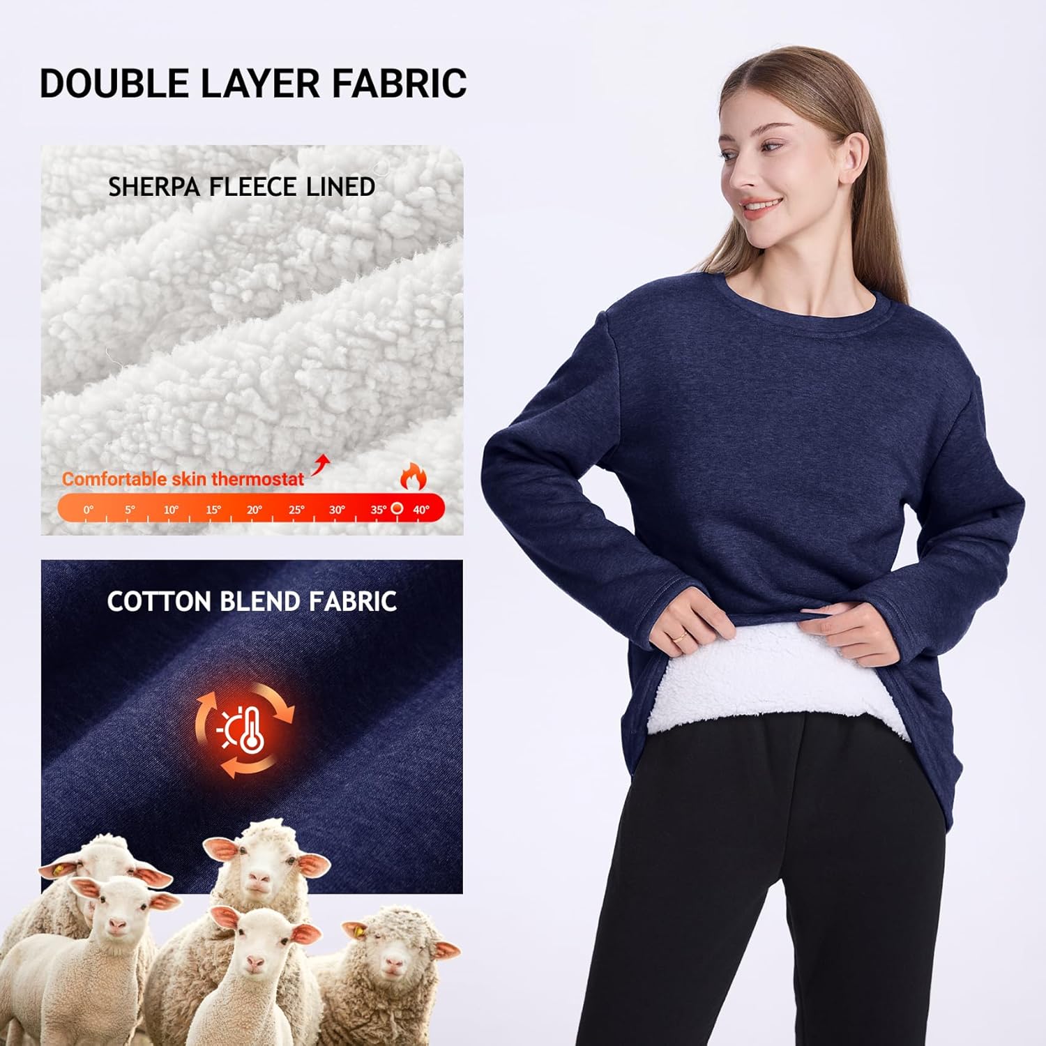 PEHMEA Women's Warm Sherpa Lined Fleece Pullover Winter Crewneck Sweatshirt Loungewear Tunic Tops - Image 4