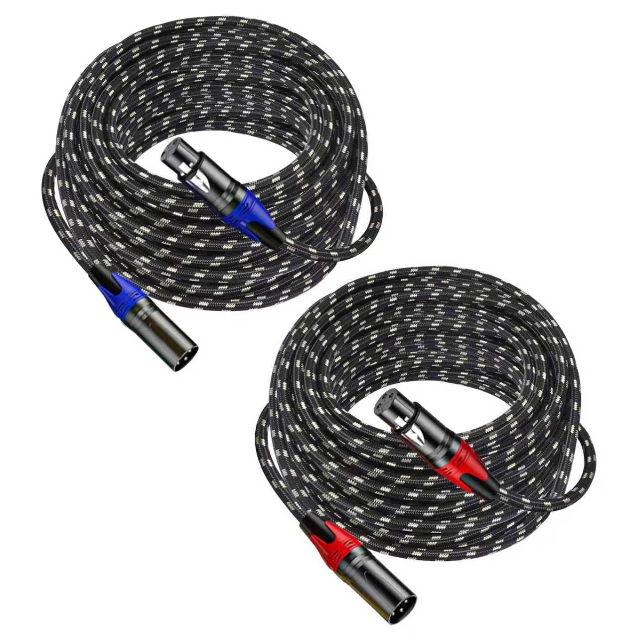 XLR-Kabel, 15,2 m, 2 Packungen – Premium symmetrisches Mikrofonkabel mit 3-poligem XLR-Stecker auf Buchse, Mikrofon-Lautsprecherkabel, schwarz-weiße Gitterschicht, reines Kupfer und