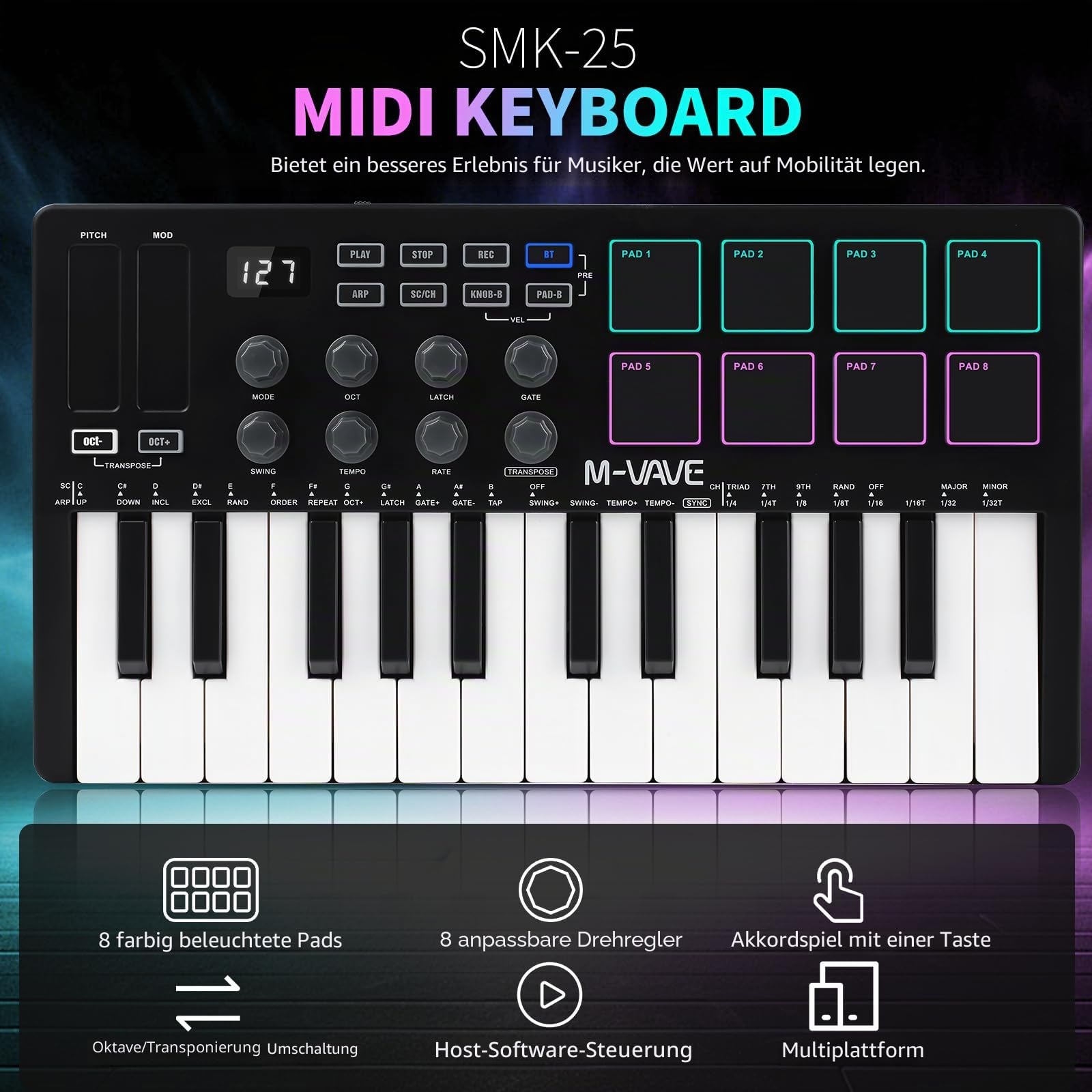 Nikou M-VAVE MIDI Tastatur Controller, USB Mini 25 Tasten Professionelles Dynamisches Tastenbett Elektro Musik Arranger Keyboard mit RGB-Schlagzeugpads (Schwarz)