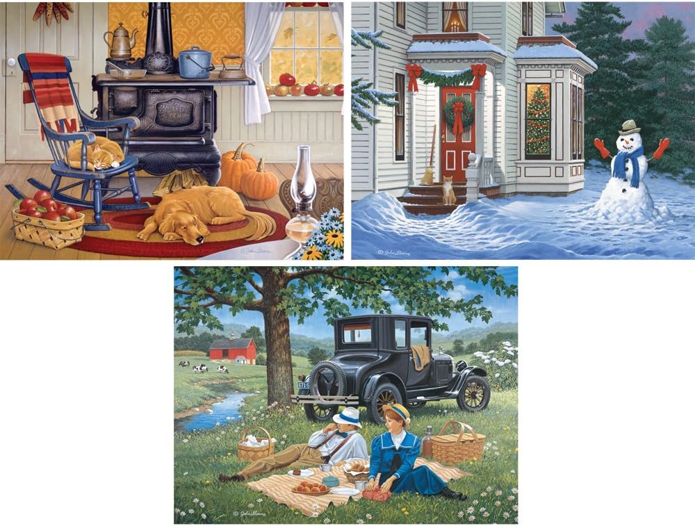 Bits and Pieces – Value Set of Three Large 300 Piece Jigsaw Puzzles for Adults – Seasons Themed Jigsaw Puzzles Designed by Artist John Sloane, Completed Puzzle Size: 18" x 24"