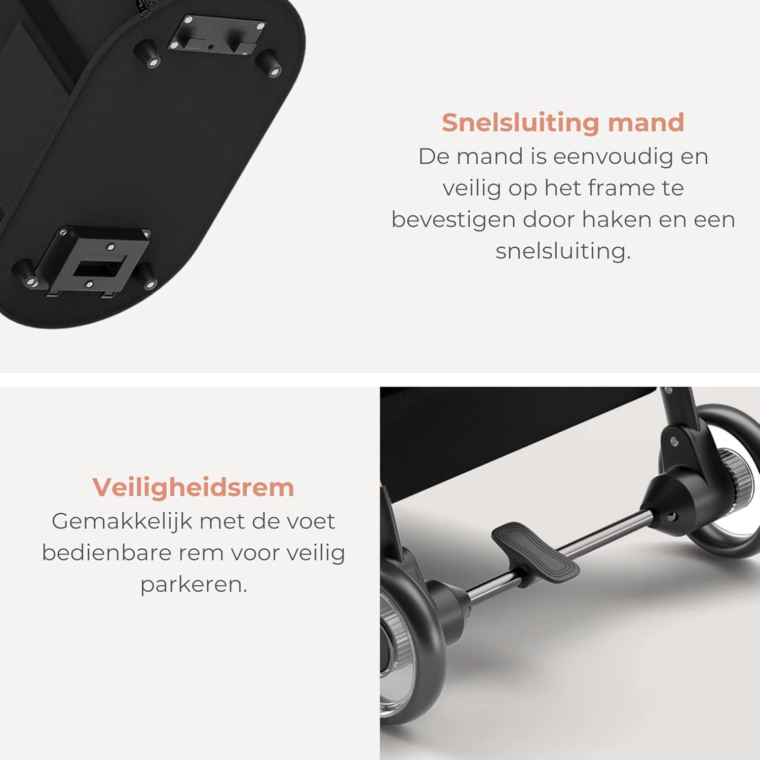 Close-up of the quick-release mechanism for the basket and the foot-operated safety brake