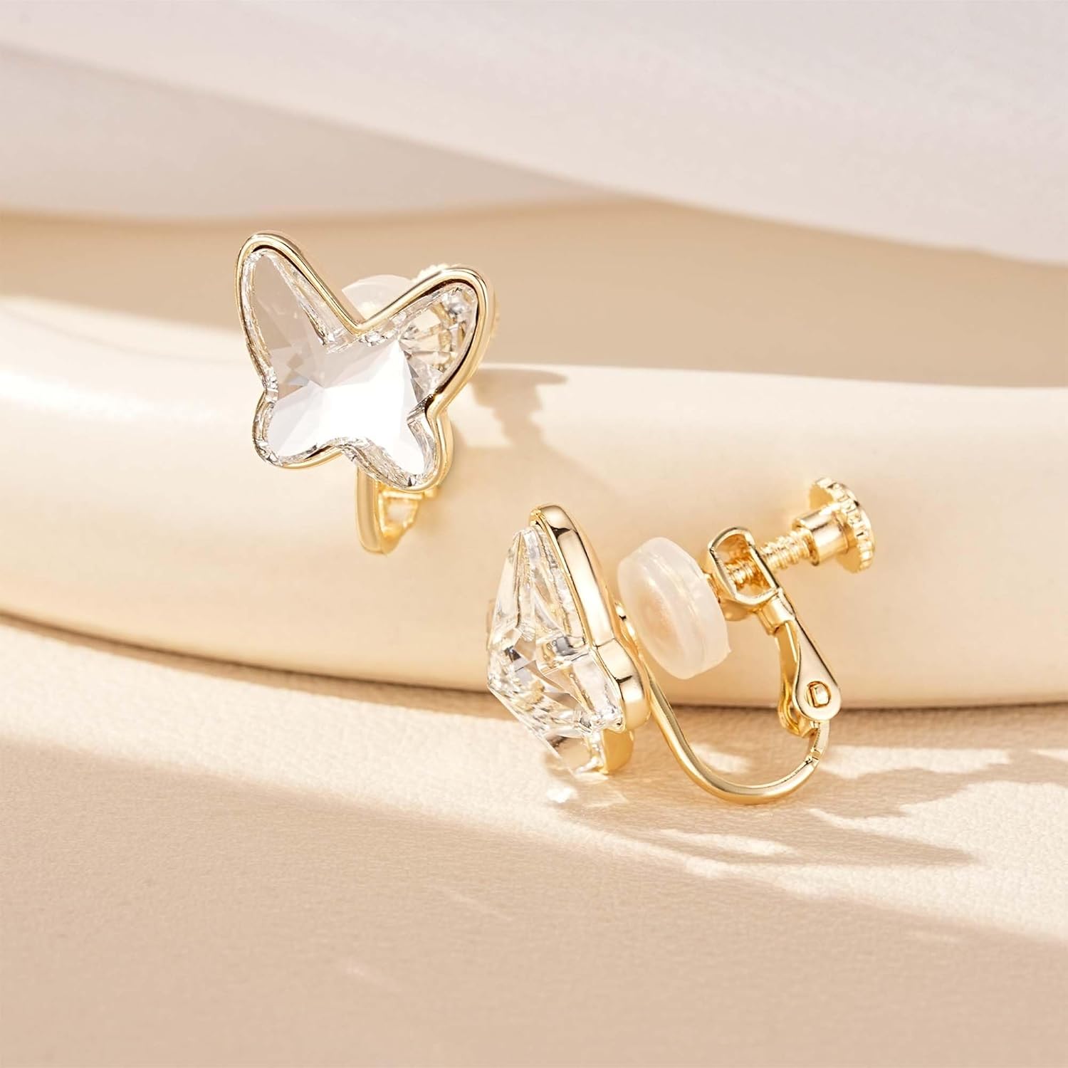EVEVIC Austrian Crystal Butterfly Clip On Earrings for Women Adjustable Screw Back Non Pierced Earring 14K Gold Plated Hypoallergenic Jewelry - Image 4