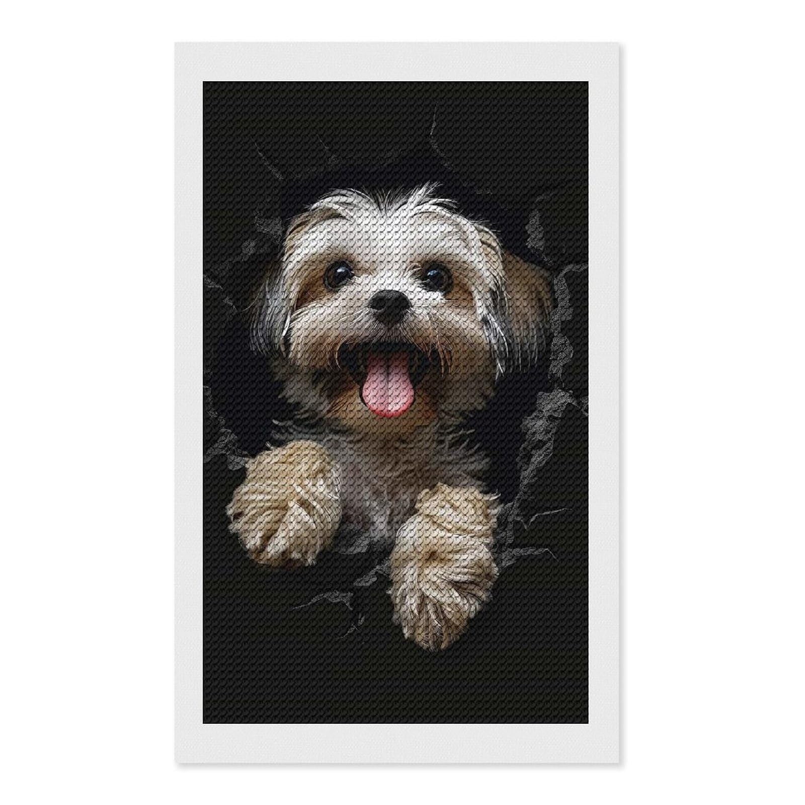Junmoney Lhasa Apso Dog DIY Diamond Art Canvas Kit 12"x20", Decorate Your Room, Sparkling Round Gems, Fun Craft Experience, Farmhouse Decor