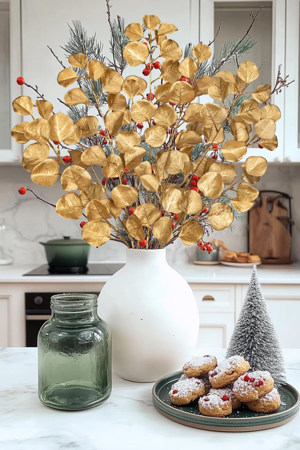 Oairse 3 Pcs Gold Eucalyptus Plants 81cm Artificial Eucalyptus Leaves Stems Faux Eucalyptus Foliage for Christmas Tree Decorations Floral Arrangement New Year Wedding Bouquet Centerpieces Xmas Decor - Image 3