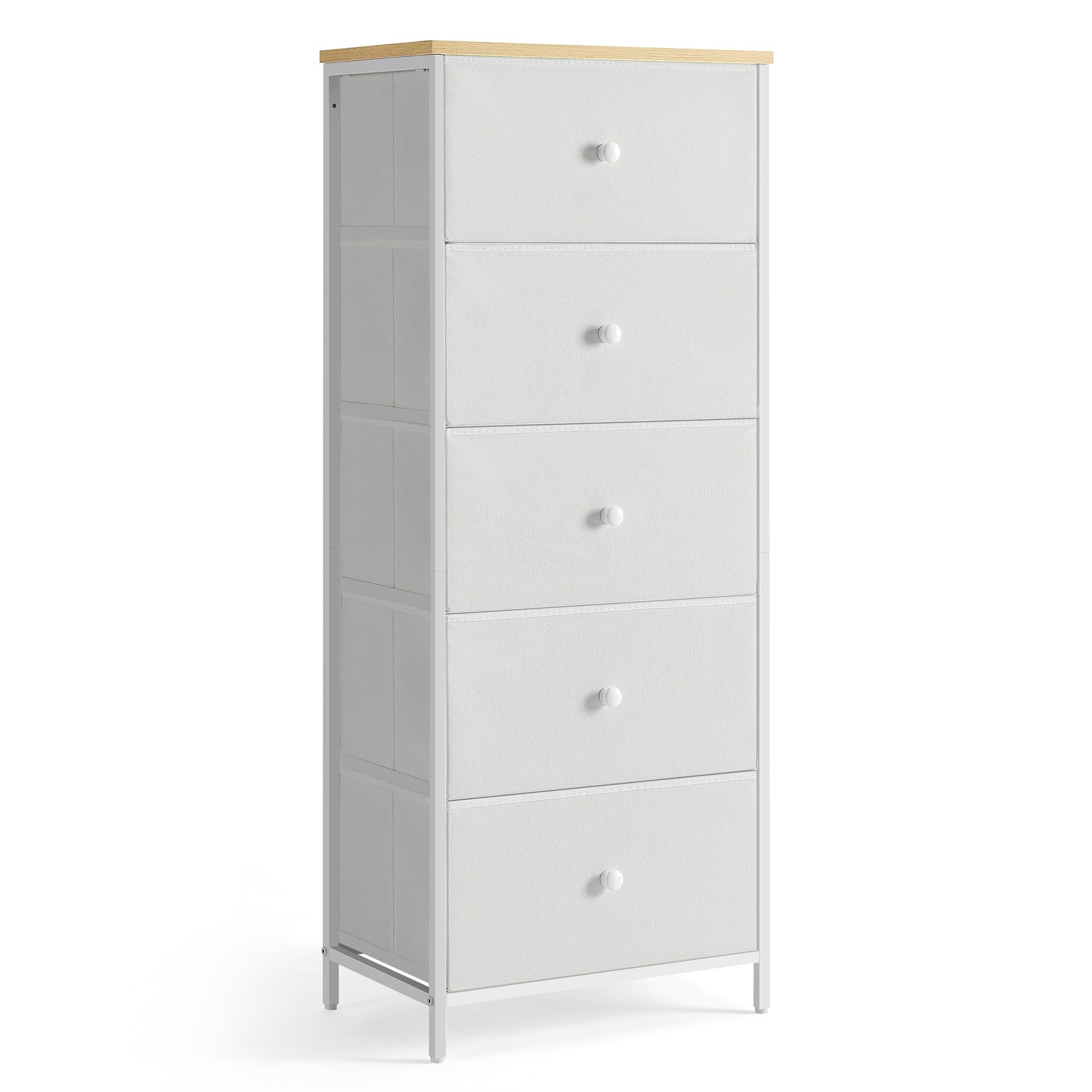 SONGMICS Chest of Drawers Bedroom, Drawer Storage Unit, Dresser with 5 Fabric Drawers, Metal Frame, Tall and Slim, for Closet, Camel Yellow and Cream White LTS315W01