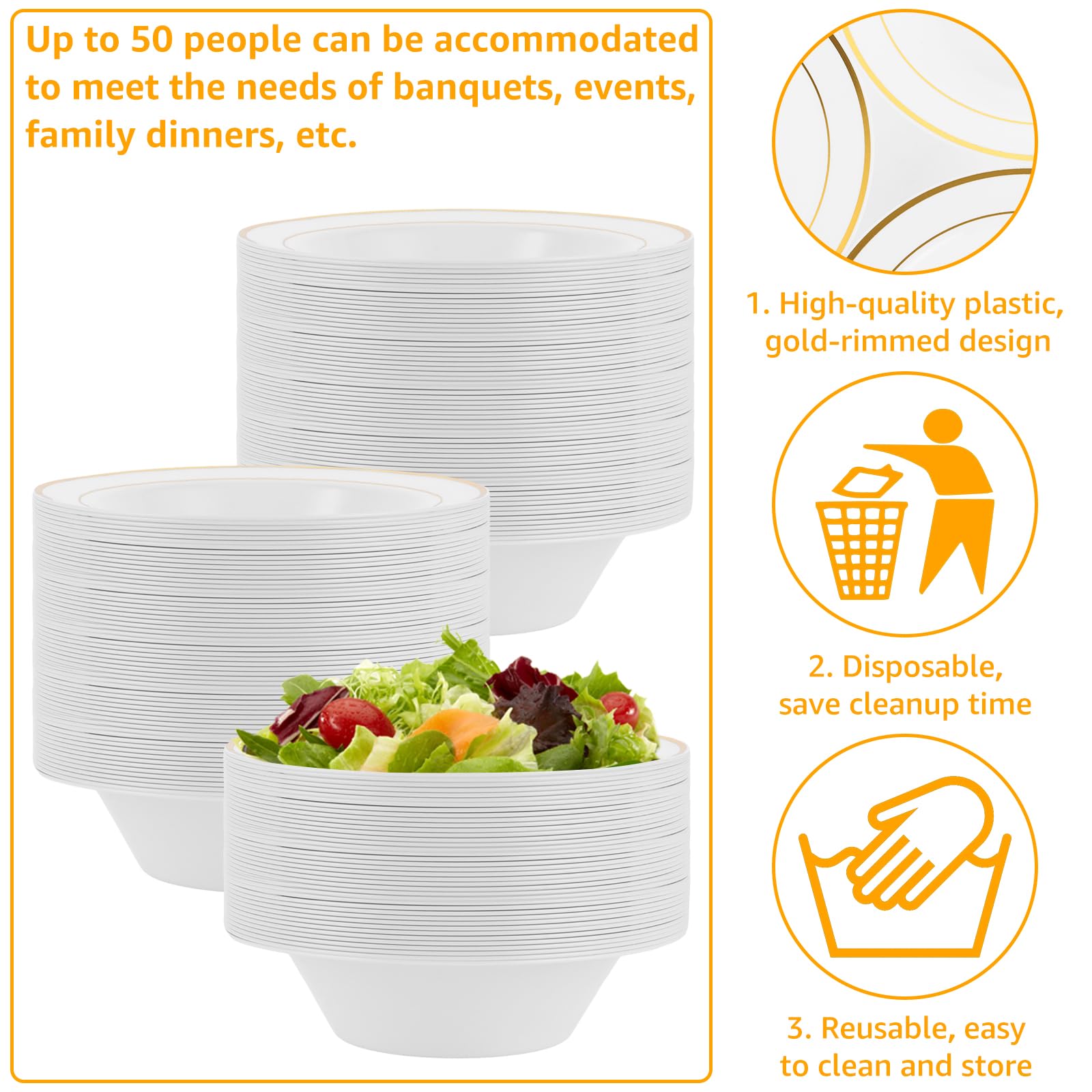 Lot De 40 Bols à Soupe En Plastique Rigide Blanc Bord Doré - 350 Ml, Réutilisables - Pour Fêtes, Mariage, Anniversaire