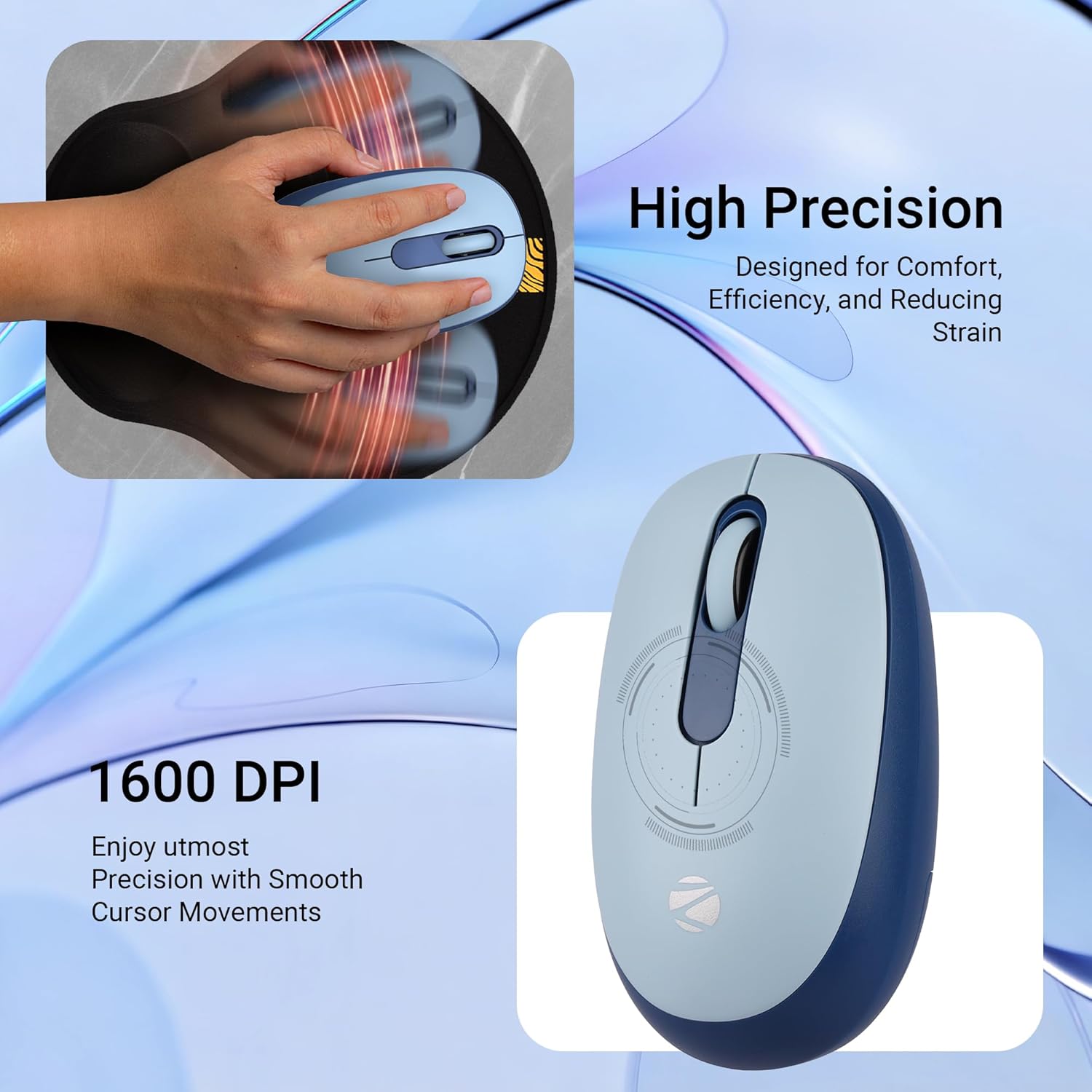 Close-up of the ZEBRONICS Groot mouse with text '1600 DPI' and 'High Precision'