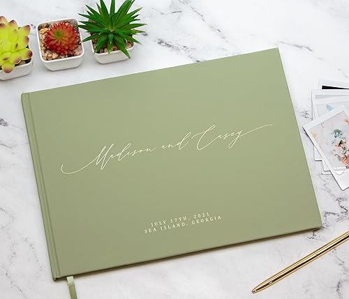 Miniatura 7 de MUUJEE Personalized Guestbook in Sage - Premium Custom Modern Guest Book for Wedding Reception, Birthday Party or Events wBookmark Blank Pages for
