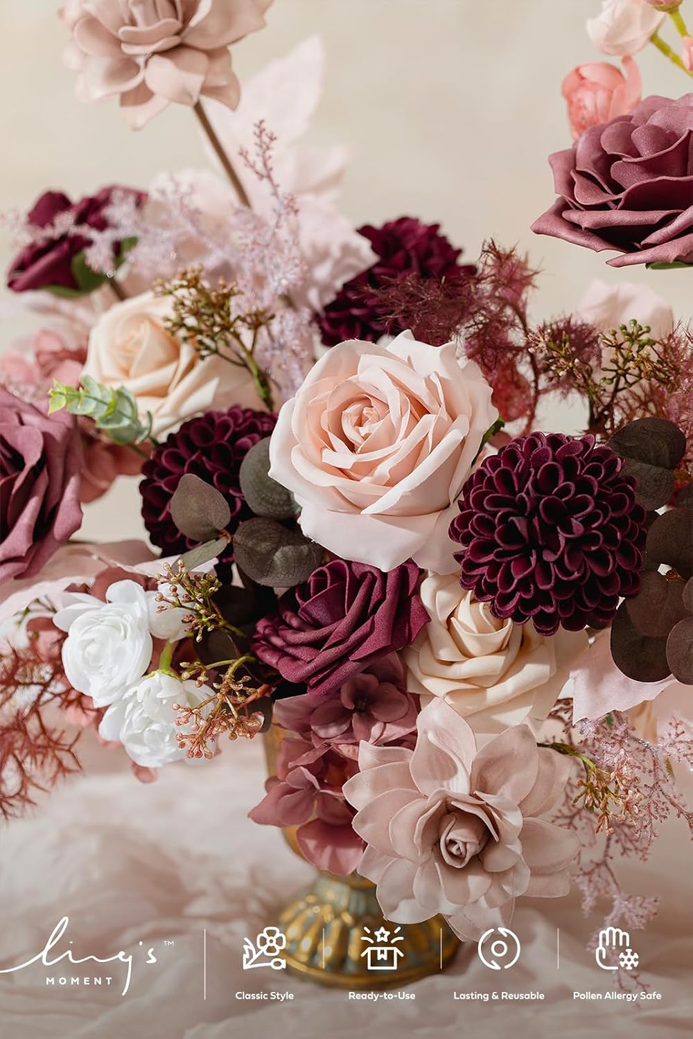 Condition photo showing New/Like New for ling's moment fake flowers box, faux artificial greenery stems foam roses gardenias silk hydrangea ranunculus fabic flower for centerpieces bouquet wedding vase, cinnamon rose & cream, deluxe combo pk-cinnamon rose & cream deluxe