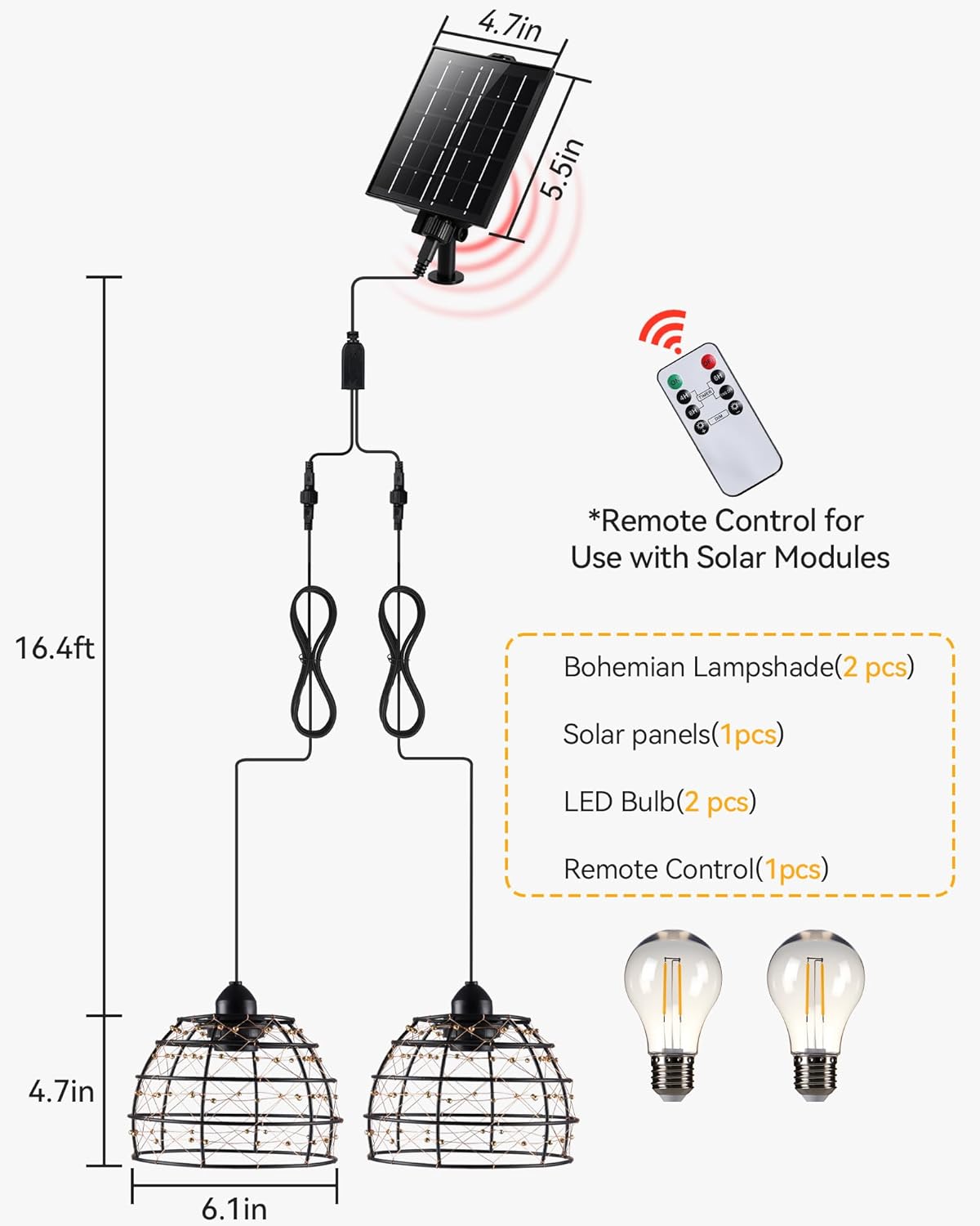Solar Pendant Light Indoor Outdoor, 4/6/8 H Timer, Dimmable Bohemian Hanging Solar Shed Gazebo Chandelier Lights Outdoor Waterproof for Patio, Porch, Gazebo, Pergola, Kitchen Decor Lighting